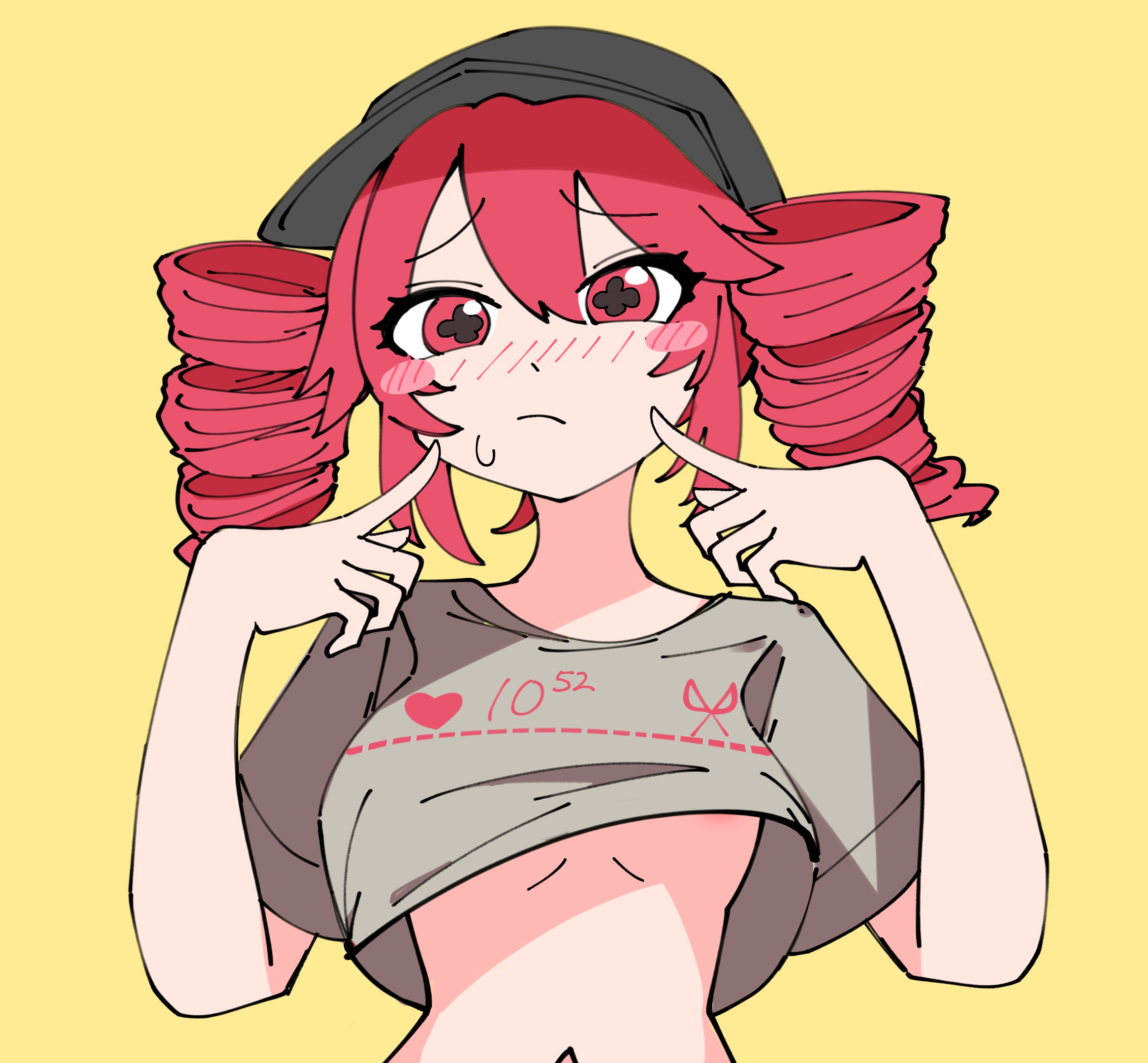 + +, 1girls, 2d, 2d (artwork), ahoge, ahoge through hat, areola slip, areolae, areolae peeking, belly, blush, blush lines, blush stickers, blushing, blushing female, clothed, clothed female, clothing, eyelashes, female, female only, finger to mouth, flat chest, frown, fully clothed, hat, kasane teto, kasane teto (sv), like and retweet, like goal, long eyelashes, looking at viewer, midriff, mv character, navel, nazunobasho, no bra, open mouth, override (synthesizer v), petite, petite body, petite female, red eyes, red hair, shirt, shirt cut meme, shirt lift, shirt up, simple background, skinny, skinny female, slim girl, slim waist, small breasts, smile, solo, solo female, sweat, sweatdrop, sweating, synthesizer v, tiny waist, twin drills, utau, yellow background