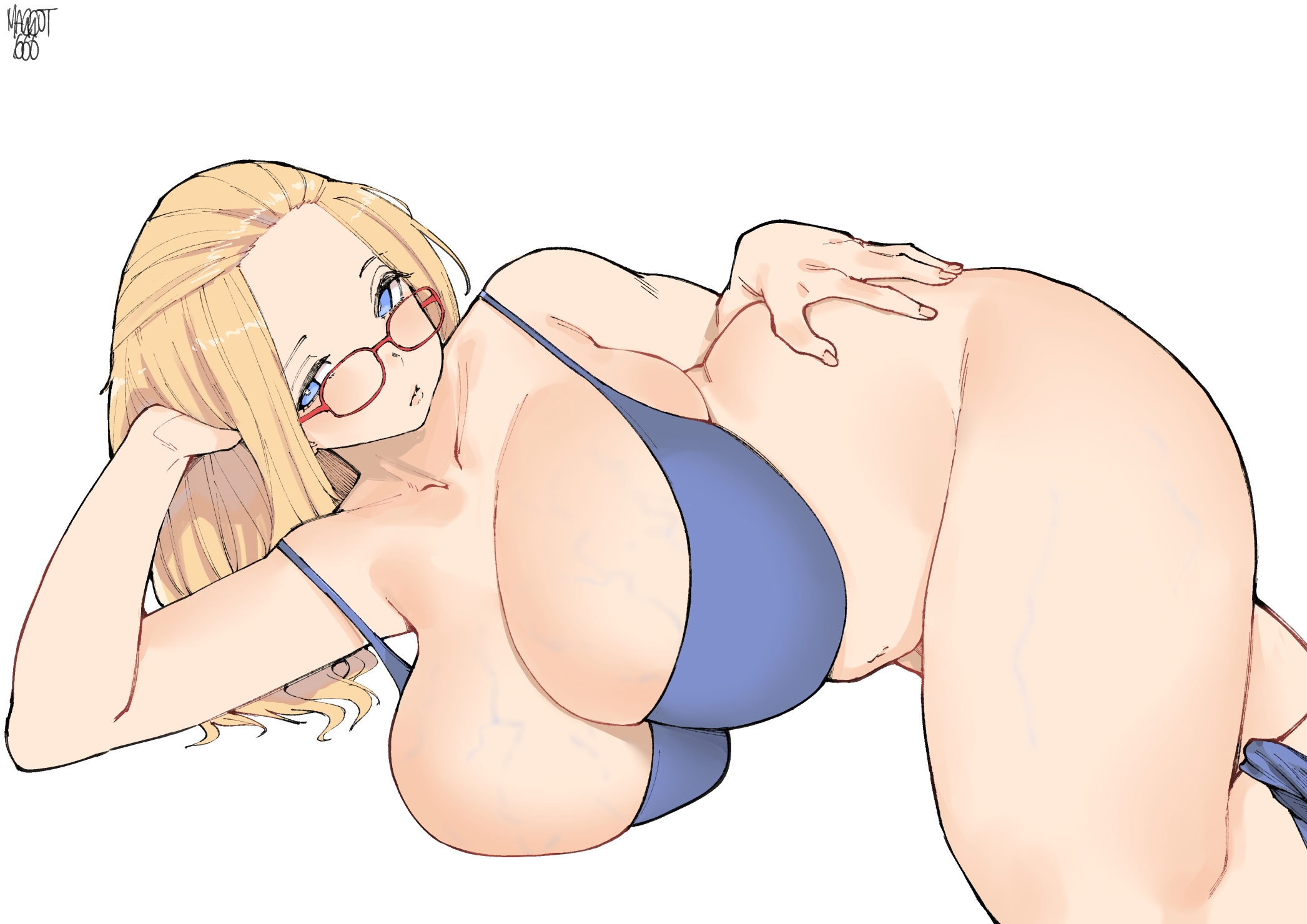 1girl, bangs pinned back, belly, blonde hair, blue bra, blue eyes, blue panties, bottomless, bra, breasts, cleavage, come hither, commentary, english commentary, forehead, glasses, hand on own hip, head rest, highres, huge breasts, inne sulistya robin, long hair, looking at viewer, lying, norman maggot, on side, original, panties, panties around leg, plump, red-framed eyewear, solo, strap gap, strap slip, thick thighs, thighs, underwear, underwear only, veins, veiny breasts, veiny legs, white background