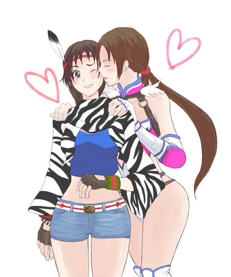 2girls alternate_costume bakashibu blush boots brown_eyes brown_gloves brown_hair closed_eyes clothed elbow_gloves elbow_pads female fingerless_gloves gloves headdress heart human incest jaycee julia_chang kissing knee_boots long_hair love michelle_chang midriff milf mother_and_daughter multiple_girls namco navel one_eye_closed short_shorts shorts split_ponytail tekken tekken_tag_tournament_2 white_gloves wink wrestling_outfit yuri zebra_print