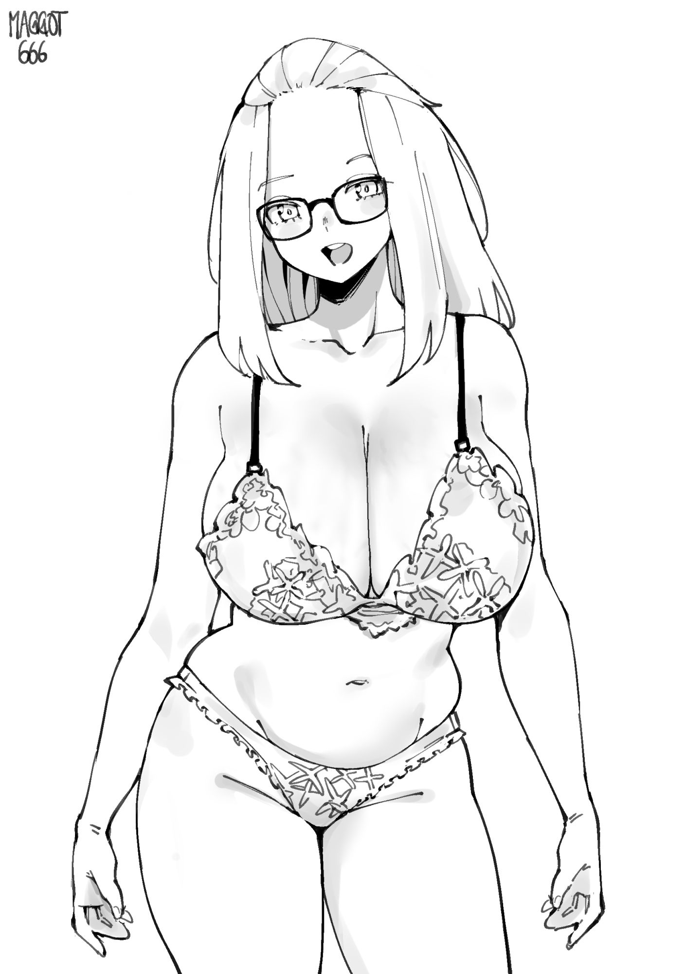 1girl, 1girls, age progression, bangs pinned back, before and after, blush stickers, bra, breast expansion, breast growth, breast growth (development), breasts, cleavage, commentary, commission, contrapposto, cowboy shot, female, female only, folded hair, glasses, greyscale, hair between eyes, hair pulled back, highres, huge breasts, inne sulistya robin, lace, lace bra, lace panties, lingerie, lingerie only, long hair, monochrome, navel, norman maggot, open mouth, original, panties, smile, solo, standing, teeth, underwear, underwear only, upper teeth only, veins, veiny breasts