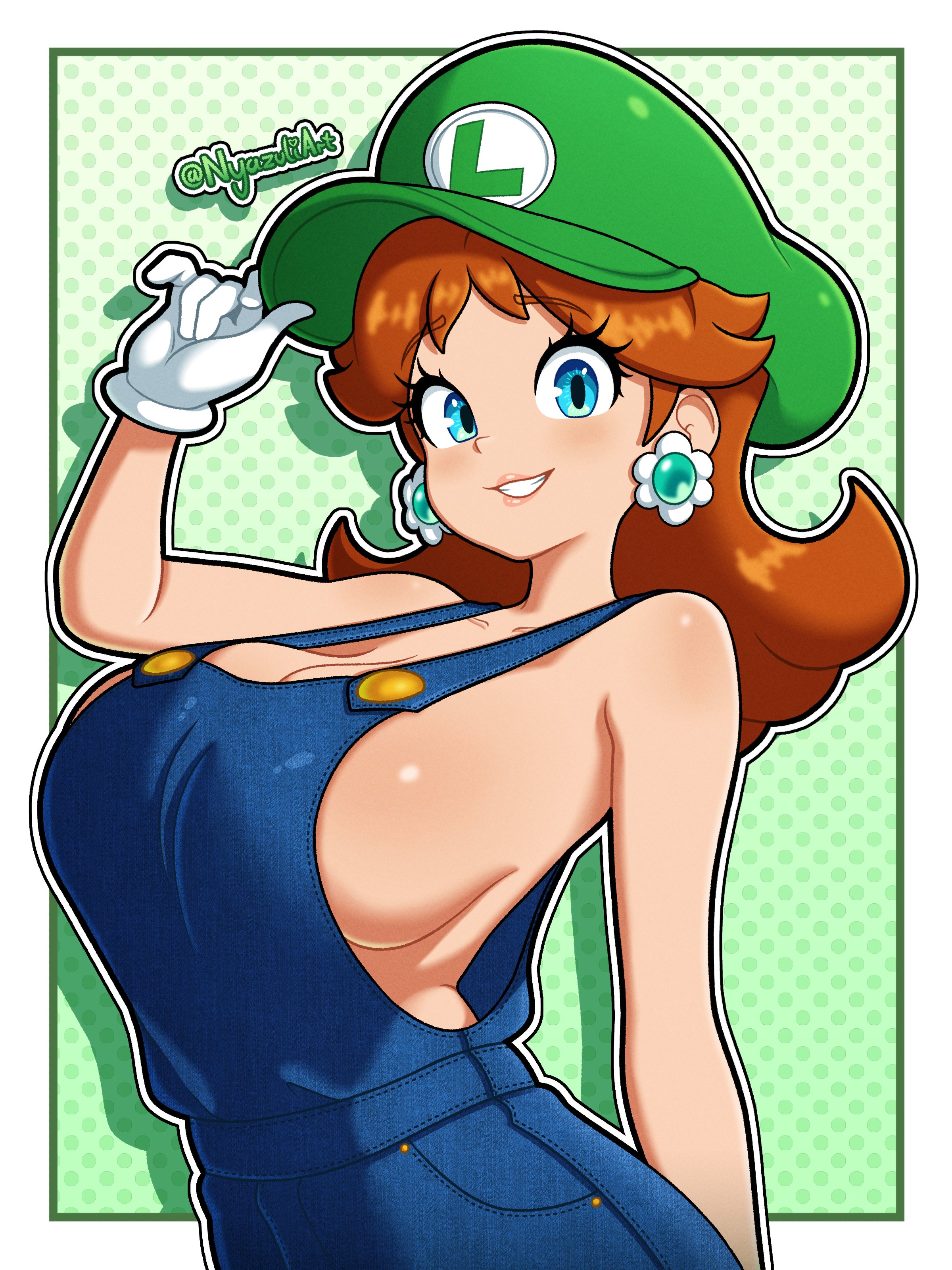 1girls, absurdres, adjusting clothes, adjusting headwear, big breasts, blue eyes, boobs, border, braless, breasts, brown hair, cleavage, cosplay, denim, denim overalls, earrings, flower earrings, gloves, gradient background, green background, green hat, hat, highres, jewelry, large breasts, long hair, looking at viewer, luigi (cosplay), mario (series), naked overalls, newsboy cap, nintendo, no bra, no bra under clothes, nyazuliart, outline, outside border, overalls, polka dot, polka dot background, princess daisy, sideboob, smile, solo, twitter username, upper body, wearing partner's clothes, white border, white gloves, white outline