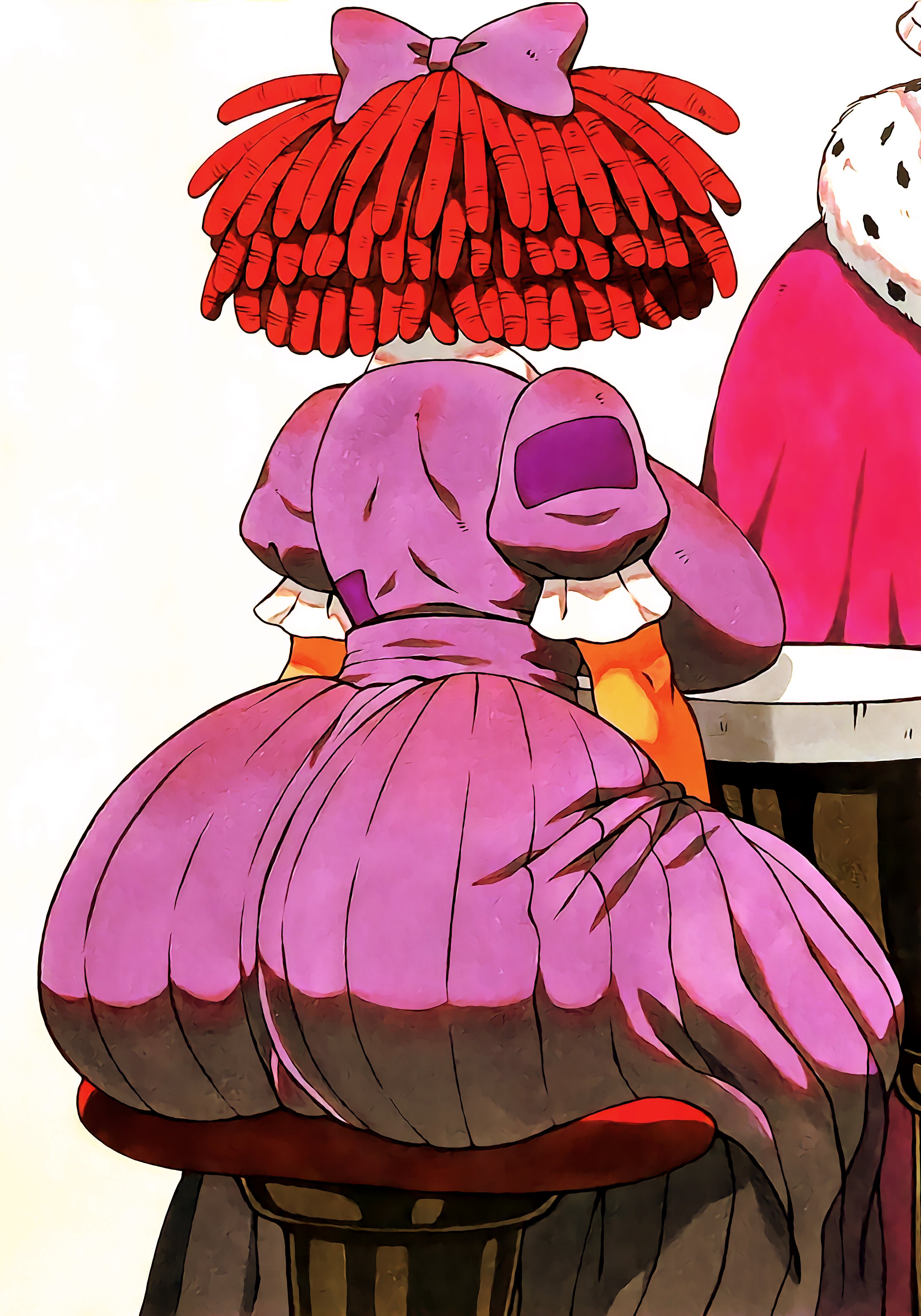 ass, back view, bow, breasts, bulge, dress, dumptruck ass, fte18, huge ass, large breasts, ragatha (the amazing digital circus), red hair, short hair, sitting, slim waist, tagme, the amazing digital circus, tight clothing, viewed from behind, voluptuous, wide hips