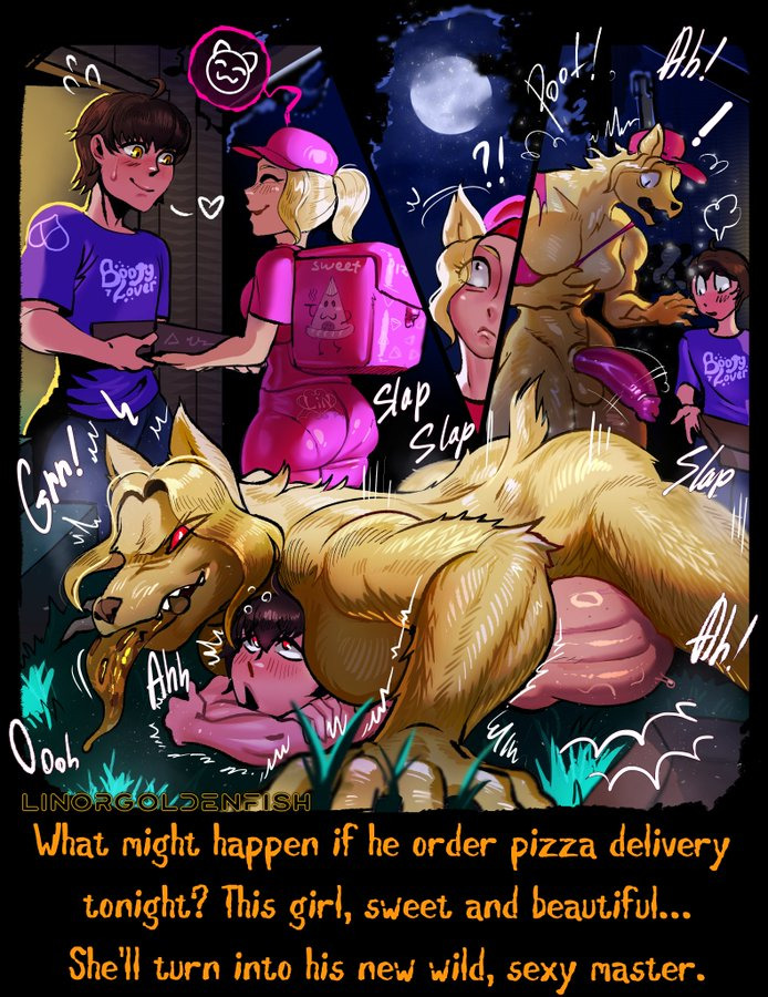 1boy, 1futa, 1girls, big ass, canine penis, caption, female, femboy, feral, feral on human, feral on male, full moon, futa on male, futa transformation, futadom, futanari, linorgoldenfish, lycanthrope, male, monster, original, penis, pizza delivery, straight, tagme, transformation, werewolf