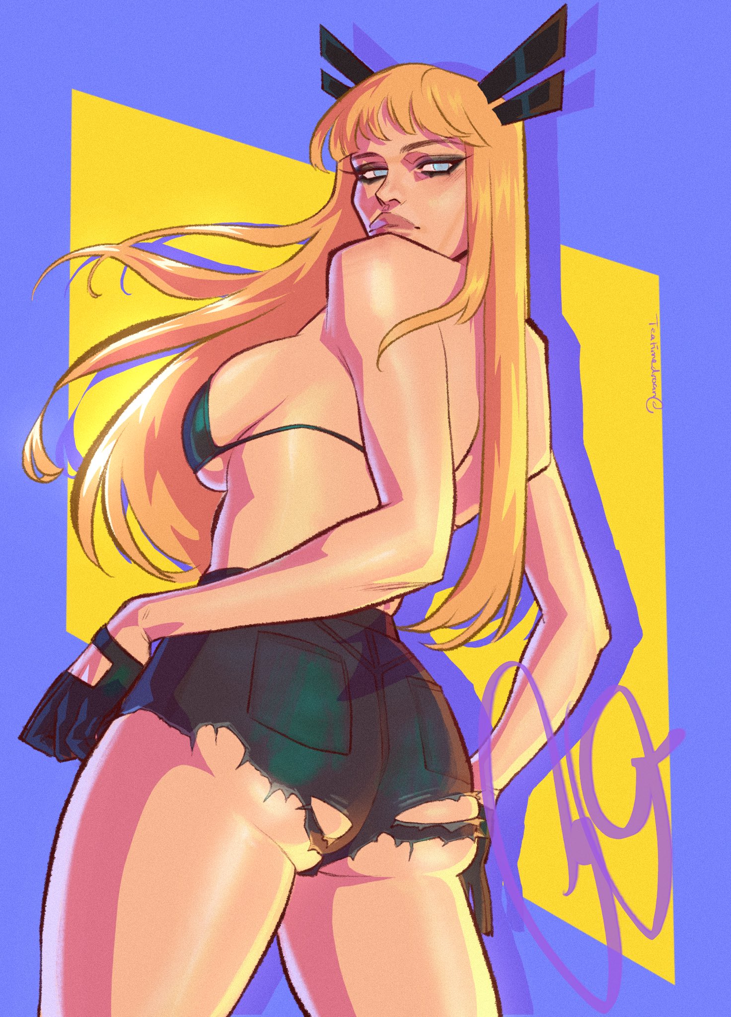 2d, ass, ass cheeks, ass focus, back view, bare arms, big ass, big breasts, bikini, bikini top, blonde female, blonde hair, blue eyes, breasts, butt, butt cheeks, butt focus, clothed, eyeliner, female, female only, fingerless gloves, fully clothed, goth, goth girl, long hair, long hair female, looking at viewer, looking back, looking back at viewer, magik (illyana rasputin), magik (marvel rivals), marvel, marvel comics, marvel rivals, mutant (marvel), ripped shorts, russian female, sexy, short shorts, shorts, sideboob, solo, solo female, teatimedroan, thick thighs, thighs, x-men