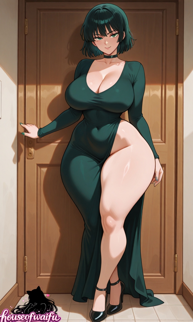 ai art, ai generated, ai-created, breedable, closed door, curvaceous, curvy, curvy body, curvy female, dress, fubuki (one-punch man), full body, green eyes, green hair, houseofwaifu, one-punch man, slim waist, smiling, thick hips, thick legs, thick thighs, tiny waist, voluptuous, voluptuous female, wide hips, wide thighs