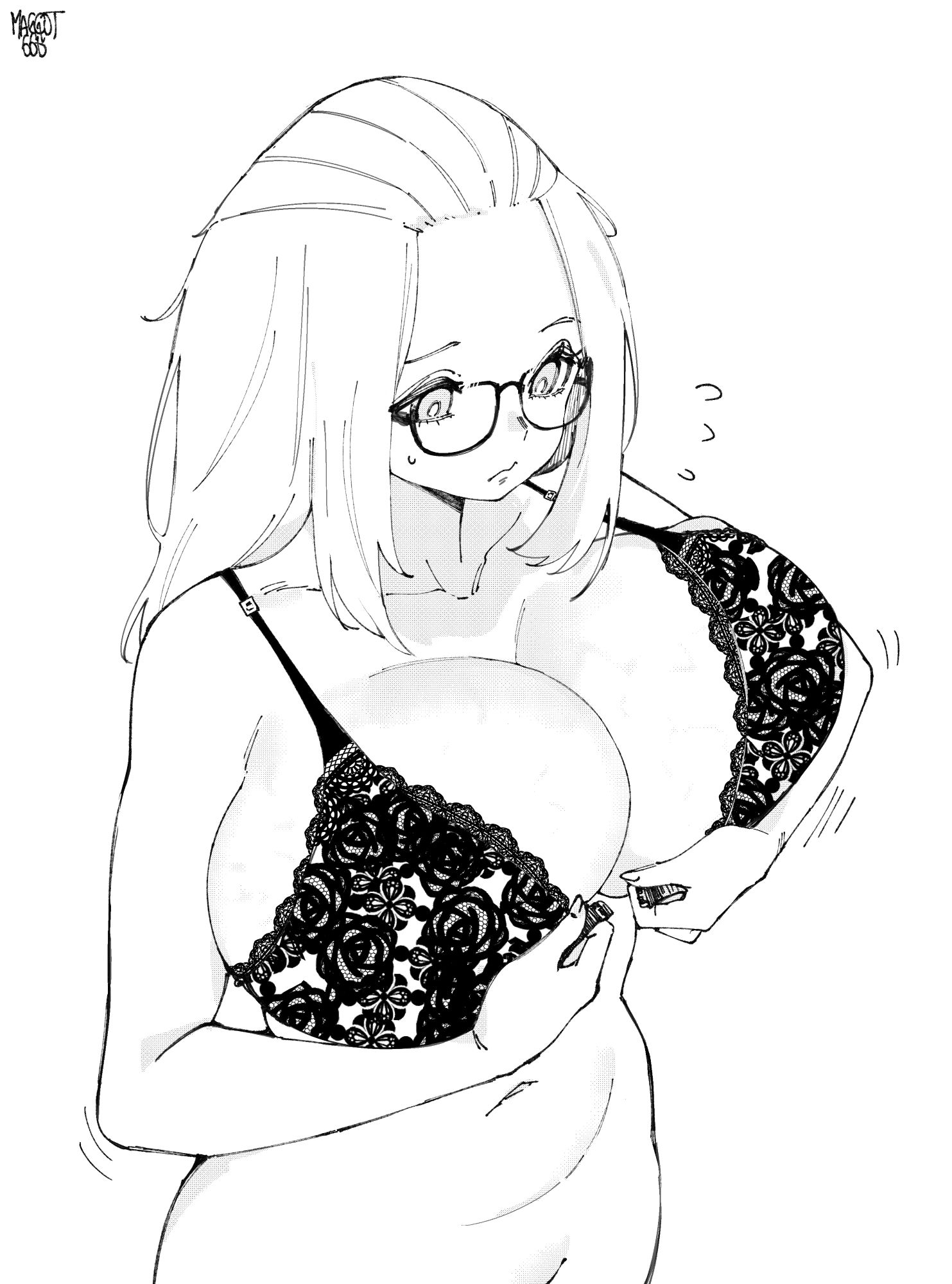 1girl, bangs pinned back, bottomless, bottomless female, bra, breasts, bursting breasts, cleavage, commentary, commission, dressing, english commentary, folded hair, forehead, front-fastening bra, front-hook bra, glasses, highres, huge breasts, inconvenient boobs, inconvenient breasts, inne sulistya robin, lace, lace bra, long hair, looking down, monochrome, navel, no panties, norman maggot, original, out-of-frame censoring, solo, standing, struggling, struggling to fit, underwear, veins, veiny breasts
