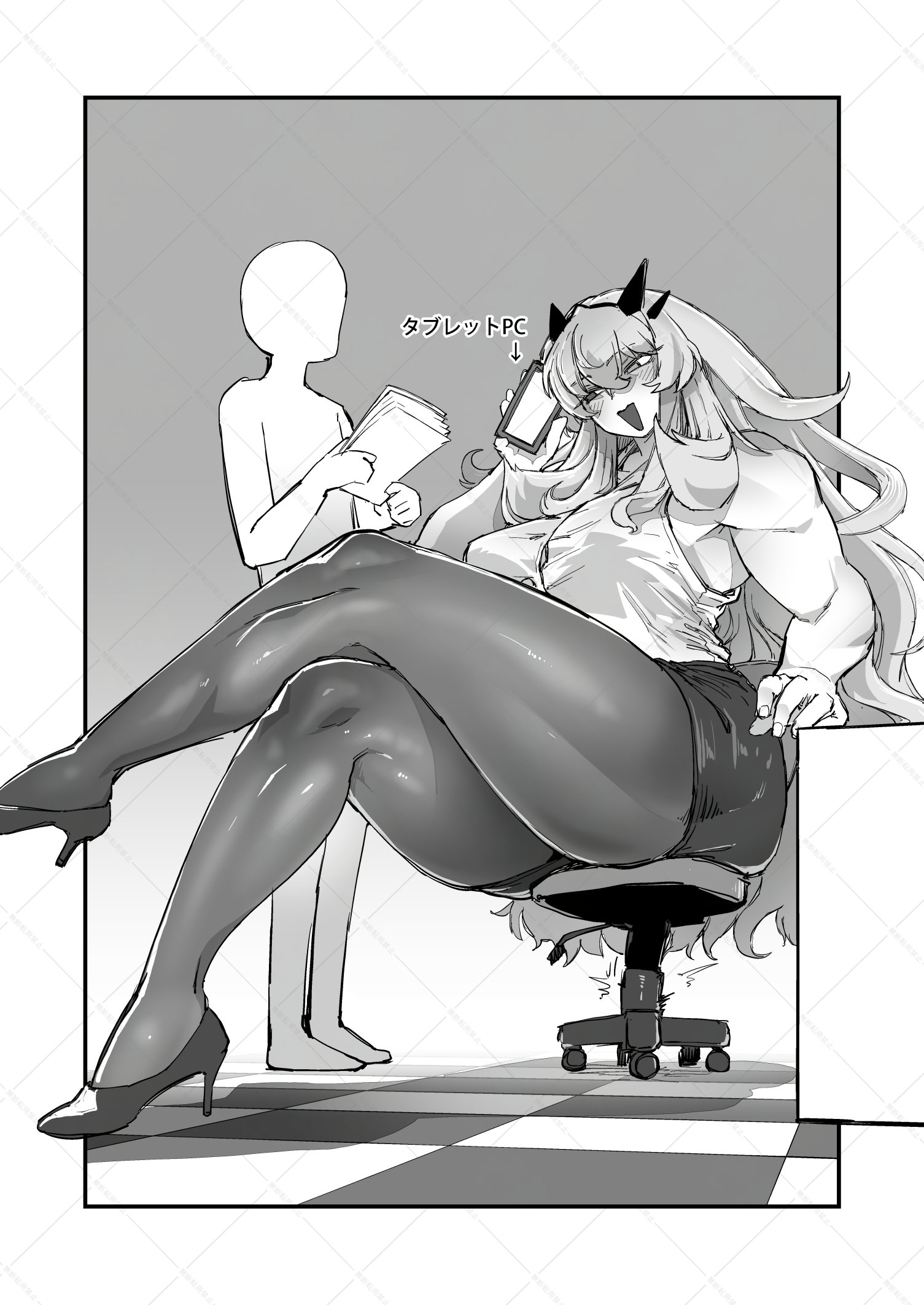 1boy, 1girls, anonymous male, barghest (gawain) (fate), big boobs, big breasts, bigger female, boobs, breasts, chair, clothed, clothed female, fate (series), fate/grand order, heels, height difference, large boobs, large breasts, larger female, light skin, light-skinned female, phone, sasizume s, shorter male, size difference, sleeveless, sleeveless shirt, smaller male, smartphone, thick thighs, thighs