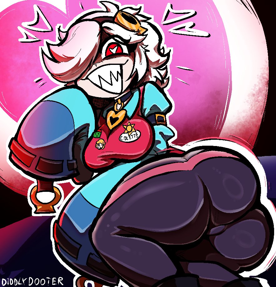 ass, ass focus, back view, brawl stars, breasts, colette (brawl stars), diddlydooter1, hand on face, headgear, heart, heart-shaped pupils, looking at viewer, looking back, pussy bulge, red eyes, sharp teeth, short hair, smile, tagme, thick thighs, tight clothing, viewed from behind, voluptuous, white hair, wide hips