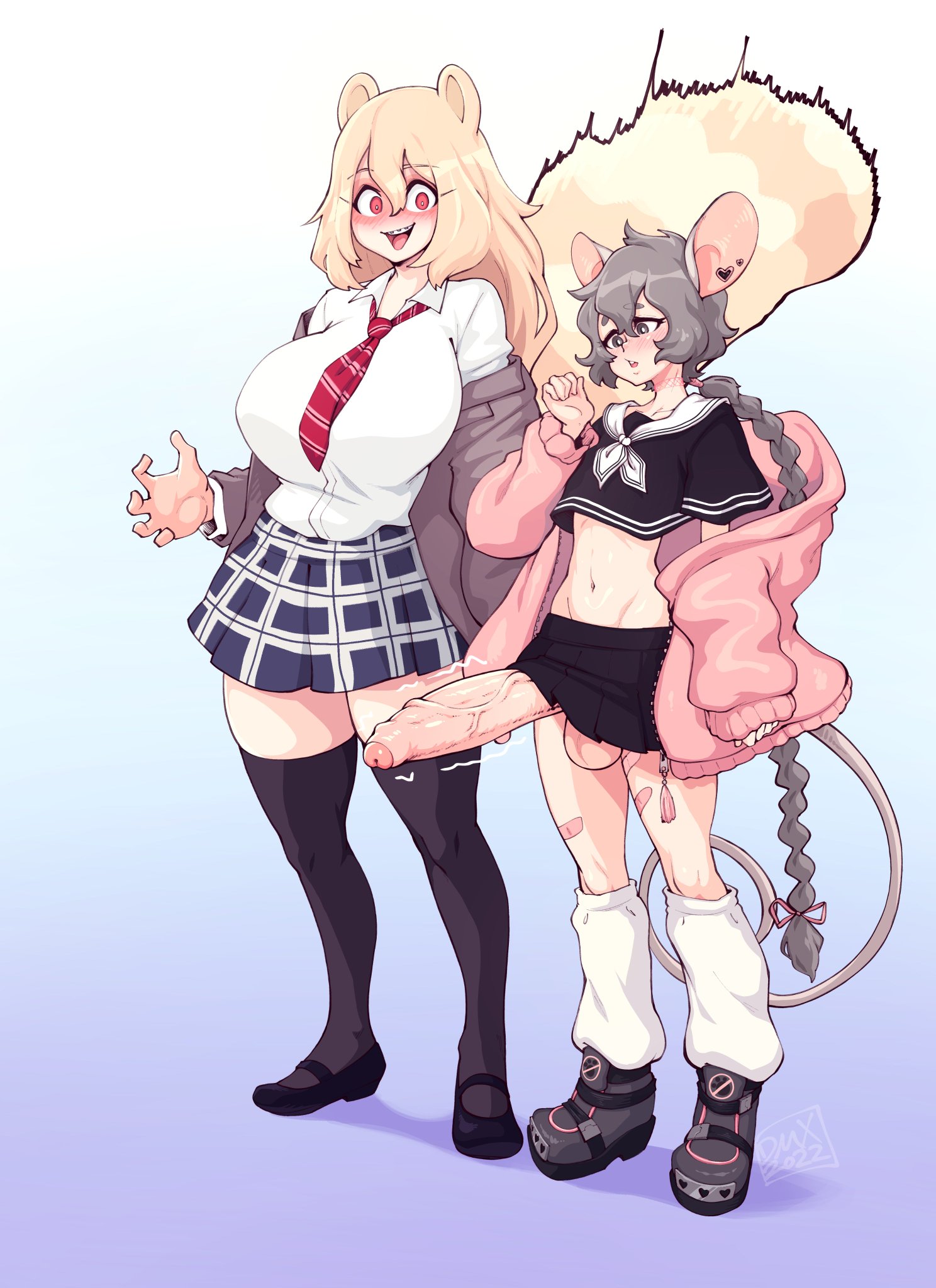 1femboy, 1girls, animal ears, balls, better version at source, big balls, big breasts, big penis, blonde female, blonde hair, blush, braided hair, breasts, curvy, dmxwoops, female, femboy, feminine male, futanari, grey hair, height difference, huge breasts, hung trap, intersex, light skin, light-skinned female, light-skinned male, long hair, loose socks, male, midriff, mouse, mouse tail, orange fur, original, pale skin, pale-skinned female, pale-skinned male, penis, penis awe, school uniform, short hair, skirt, tanuki, thick thighs, thighhighs, throbbing penis, twitter sample, yellow fur, yellow hair
