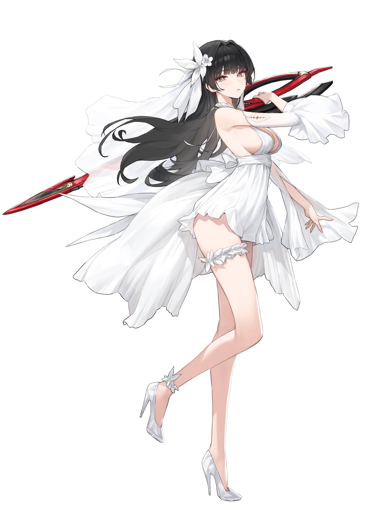 1girls, black hair, breasts, chisa (wuthering waves), exposed breasts, female, legs, long hair, medium breasts, red eyes, sideboob, wedding dress, wuthering waves