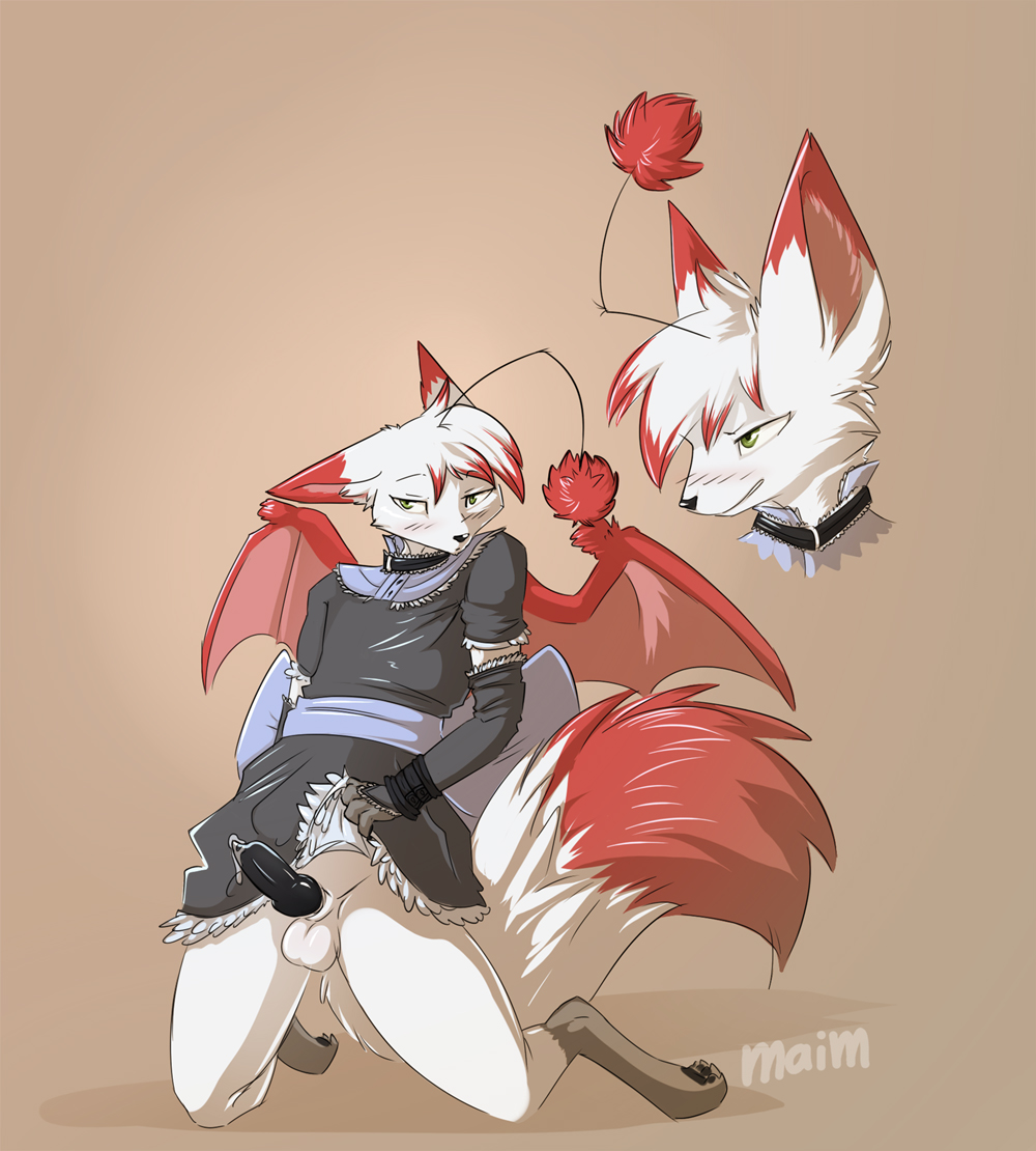 1boy anthro balls canine clothed clothes collar dress elbow_gloves erection final_fantasy fingerless_gloves fox fur furry girly gloves hybrid kneeling lolita_fashion looking_at_viewer maim male male_only moogle penis precum solo video_games wings