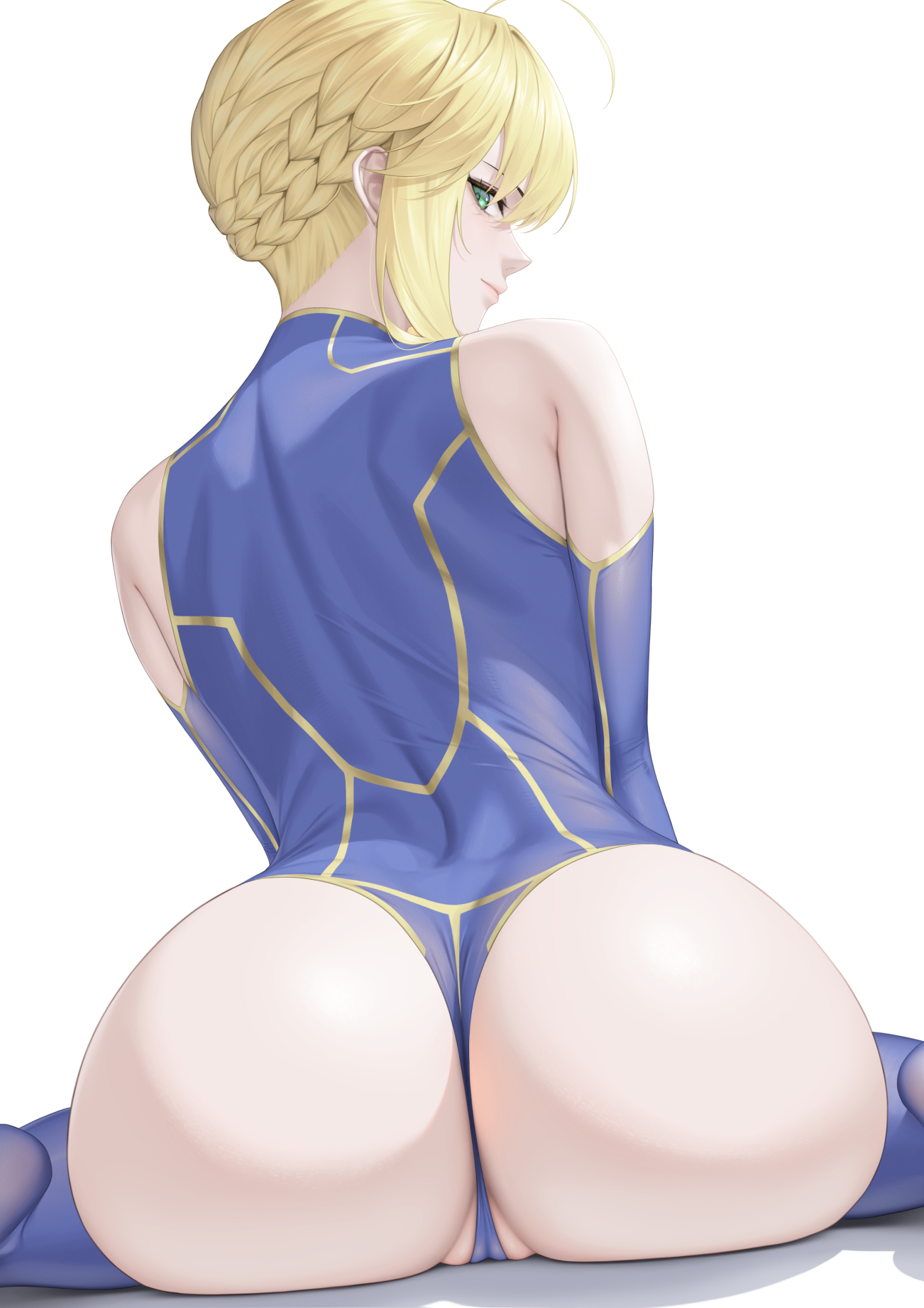 1girls, ahoge, artoria pendragon, artoria pendragon (lancer), ass, bare shoulders, blonde hair, blue gloves, blue leotard, blue thighhighs, braid, elbow gloves, fate (series), fate/grand order, from behind, gloves, green eyes, leotard, looking at viewer, looking back, nmi, sidelocks, simple background, sitting, solo, thighhighs, white background
