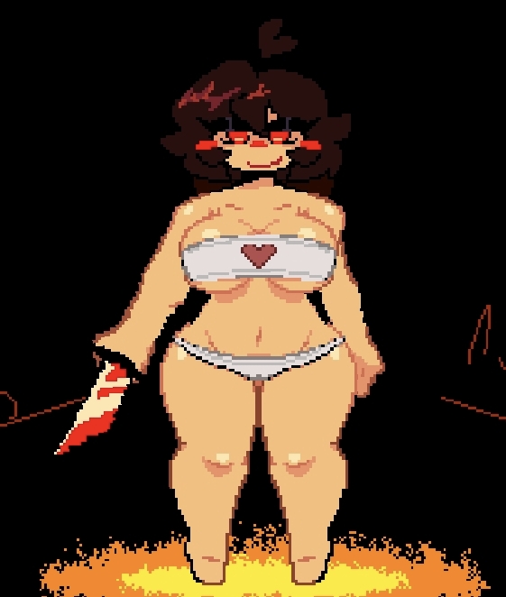 big ass, big breasts, big thighs, big tits, bikini, bikini bottom, bikini top, breasts, brown hair, chara, chara (lovemaniac), chara (undertale), female chara, full body, game screenshot, heart symbol, holding object, knife, love maniac, pixel artgame character, pleasure face, red eyes, sarashi, semi nude, small clothes, standing, standing up, team nebula, tight fit, tits, undertale, undertale (series), undertale au