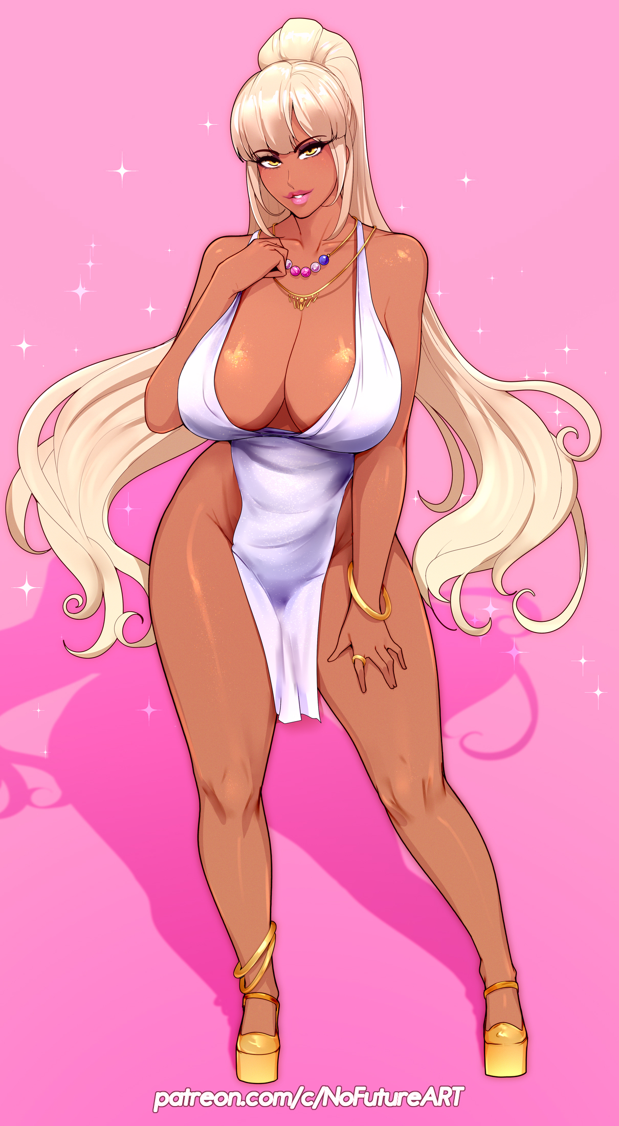 1girls, anklet, big breasts, blonde hair, bracelet, cleavage, dark skin, dark-skinned female, dress, female, female only, heels, hi res, hololive, hololive english, huge breasts, jewelry, long hair, looking at viewer, necklace, nofuture, pink background, pink lipstick, ring, smiling, smiling at viewer, solo, sparkles, tsukumo sana, virtual youtuber, white dress, wide hips, yellow eyes