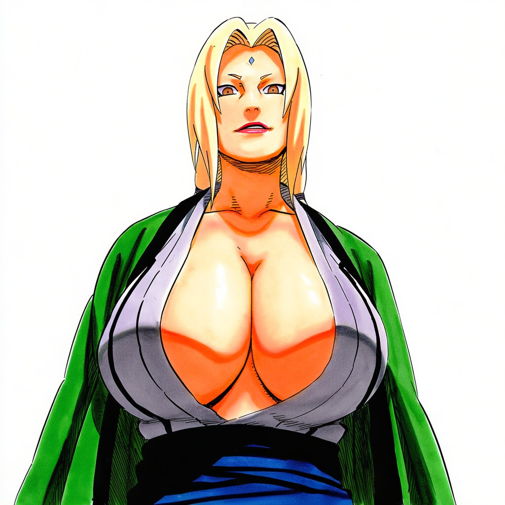1girls, 2d, accurate art style, accurate body type, ai generated, big breasts, blonde hair, breast focus, breasts, brown eyes, cleavage, clothed, clothing, collarbone, female, female focus, female only, forehead jewel, forehead mark, from below, full color, grey kimono, grin, haori, high resolution, highres, huge breasts, japanese clothes, kimono, large breasts, light skin, light-skinned female, line art, lipstick, long hair, looking at viewer, looking down, looking down at viewer, low twintails, makeup, manga style, mature female, naruto, naruto (series), naruto shippuden, no bra, official style, oppai, orange eyes, parted lips, pinup, red lips, red lipstick, sash, shiny skin, short eyebrows, simple background, smile, soft shading, solo, solo focus, standing, traditional clothes, tsunade, twintails, upper body, viewed from below, waifu, white background
