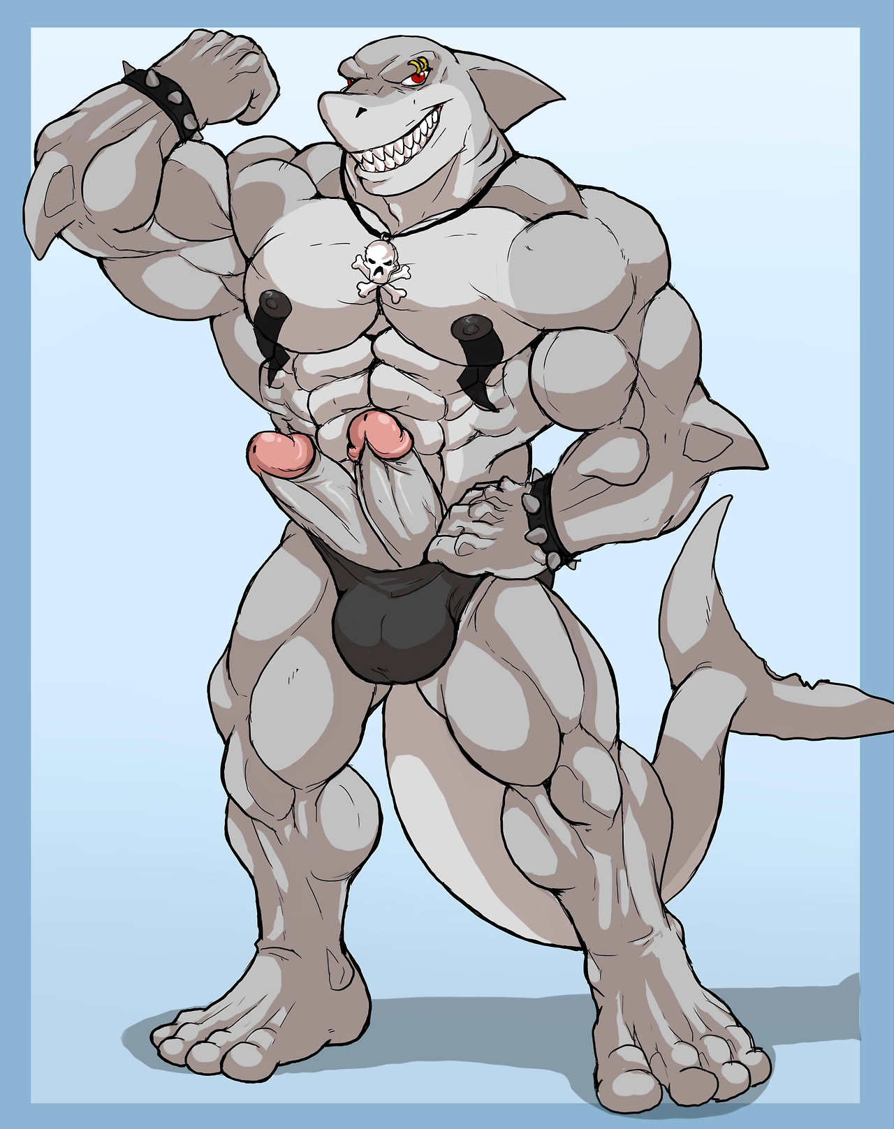 4_toes abs arody biceps body_markings diphallia diphallism fish flexing grin hemipenes male male_only marine markings markshark multi_penis muscles mutant-serpentina mutant_serpentina necklace nipples no_humans nude paws pecs penis piercing plain_background pose shark skull solo spikes teeth wristband