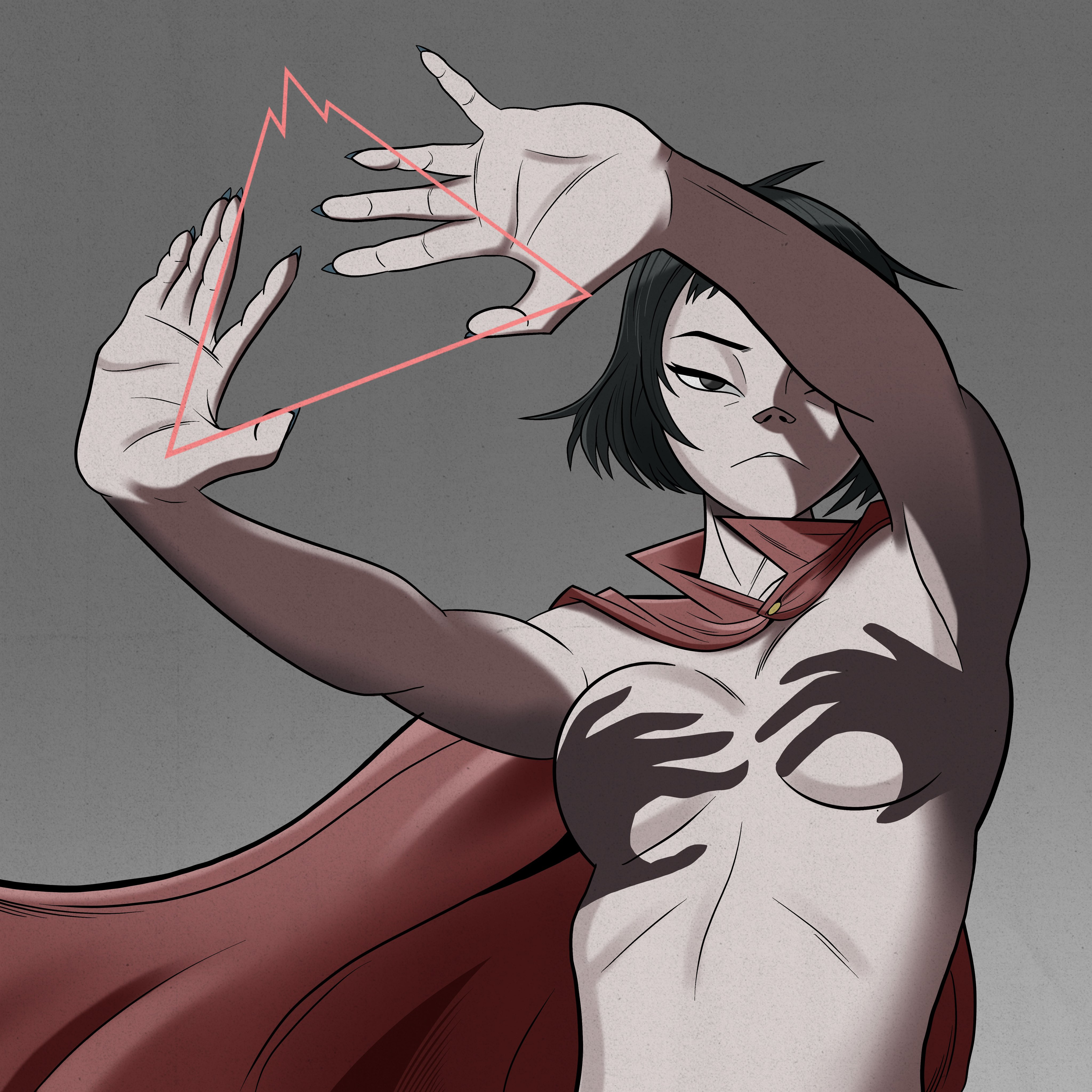 black eyes, black hair, breasts, cape, covered nipples, gorillaz, hands casting shadow, harrisartz, looking at viewer, no nipples, no visible genitalia, noodle (gorillaz), noodle (the mountain), not porn, nude, nude female, sharp fingernails, short hair, slim waist, tagme