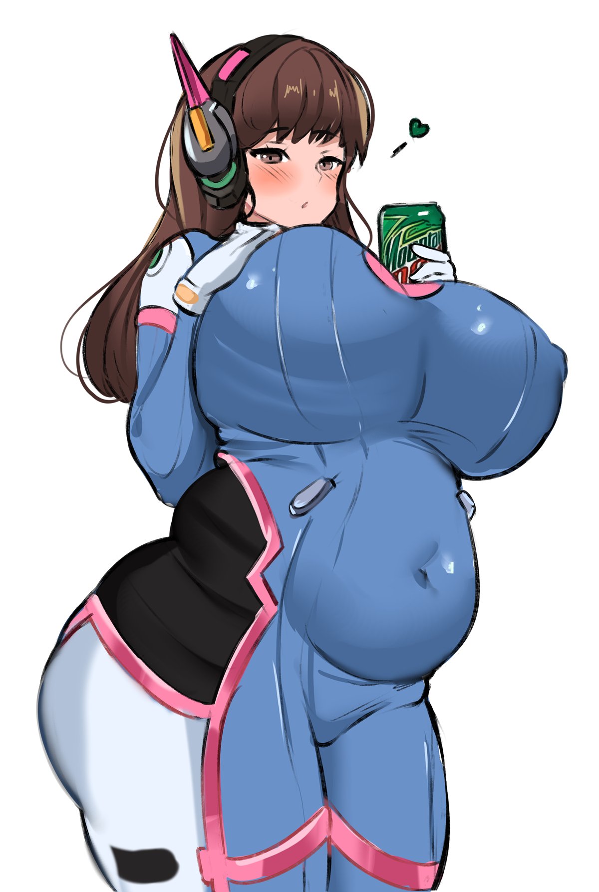 1girls alternate_body_size alternate_breast_size blue_bodysuit blush bodysuit breasts brown_eyes brown_hair can covered_erect_nipples covered_navel cowboy_shot d.va_(overwatch) drink drink_can gloves headphones heart hi_res holding holding_can holding_drink huge_breasts long_hair mountain_dew noiretox overwatch parted_lips plump shoulder_pads simple_background skin_tight solo thick_thighs thighs white_background white_gloves