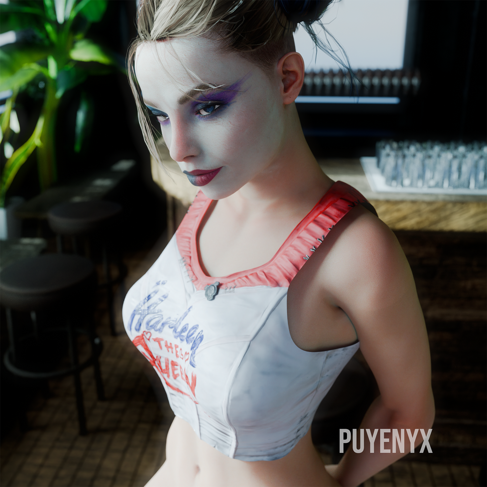 1girls, 3d, batman (series), big breasts, breasts, clothed, clothing, colored hair, dc, dc comics, double bun, eyelashes, female, harley quinn, harley quinn (arkham), harley quinn (suicide squad game), looking at viewer, makeup, naughty face, petite, puyenyx, seductive eyes, seductive look, seductive mouth, seductive smile, self upload, slim, smiling, smiling at viewer, suicide squad, suicide squad: kill the justice league, tank top, yellow hair