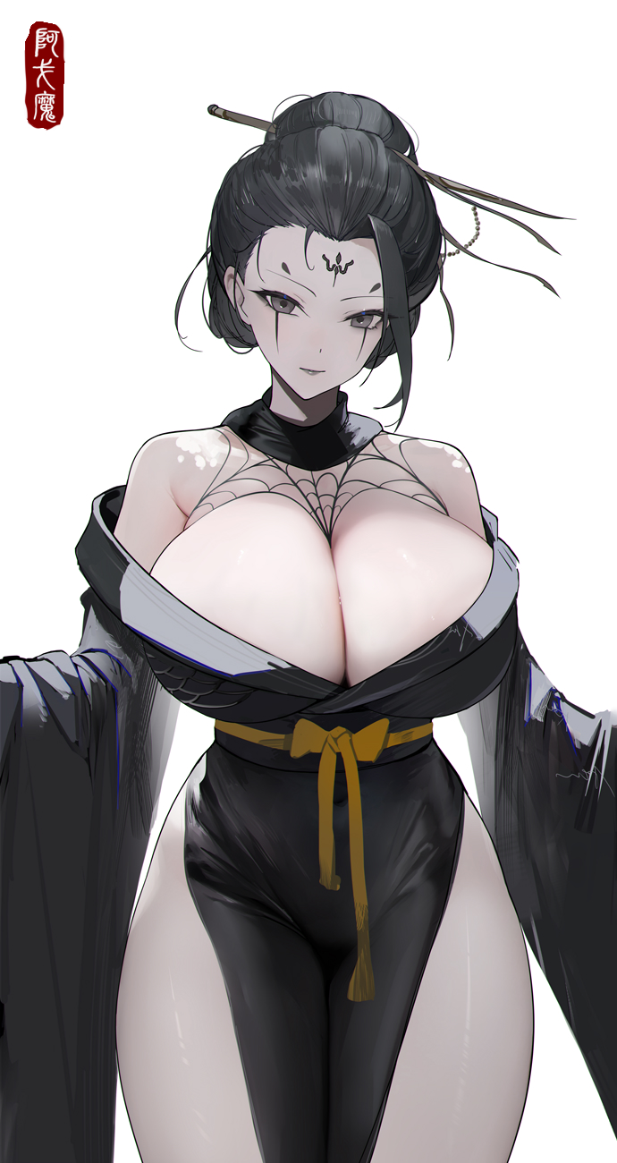 4th_spider_sister black_eyes black_hair black_myth:_wukong breasts cleavage dress facial_mark female_only highres huge_breasts omone_hokoma_agm pelvic_curtain solo spider_web wide_sleeves