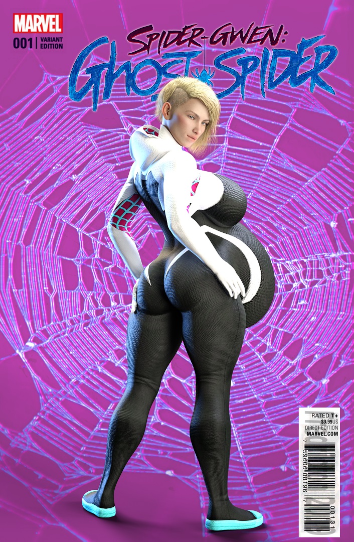 1girls 3d ass back_view belly big_ass big_belly blonde_hair female fredricton gwen_stacy hyper_belly marvel marvel_comics pregnant presenting_hindquarters skintight spider-gwen spider-man_(series)