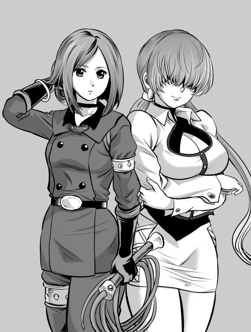 2girls belt big_breasts big_breasts buttons cleavage cleavage_cutout female gloves king_of_fighters long_hair military_clothing military_uniform ponytail shermie_(kof) short_hair skirt thick_thighs tied_hair whip whip_(kof)