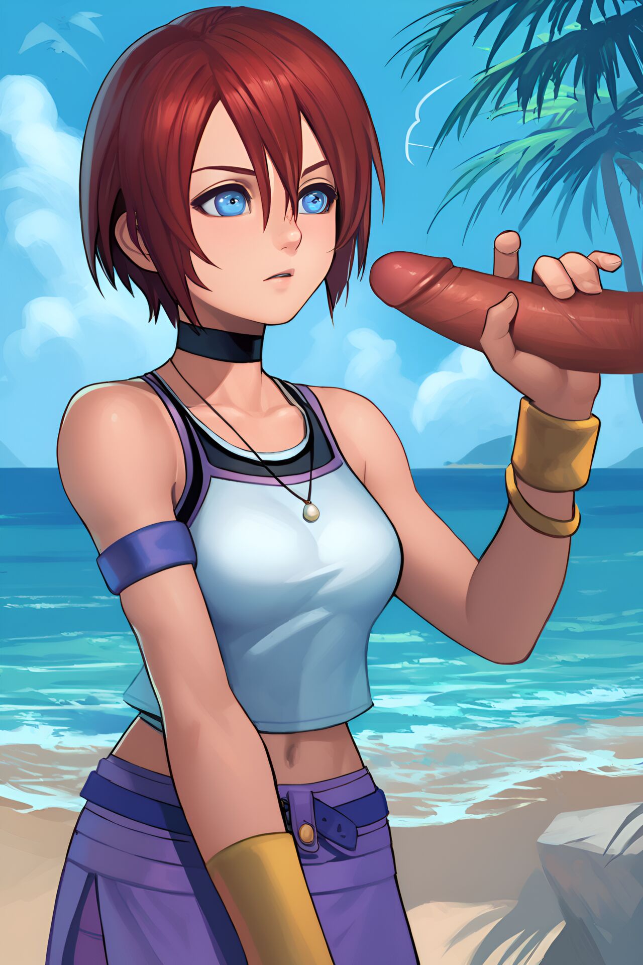 ai_generated beach blue_eyes handjob kairi kingdom_hearts red_hair