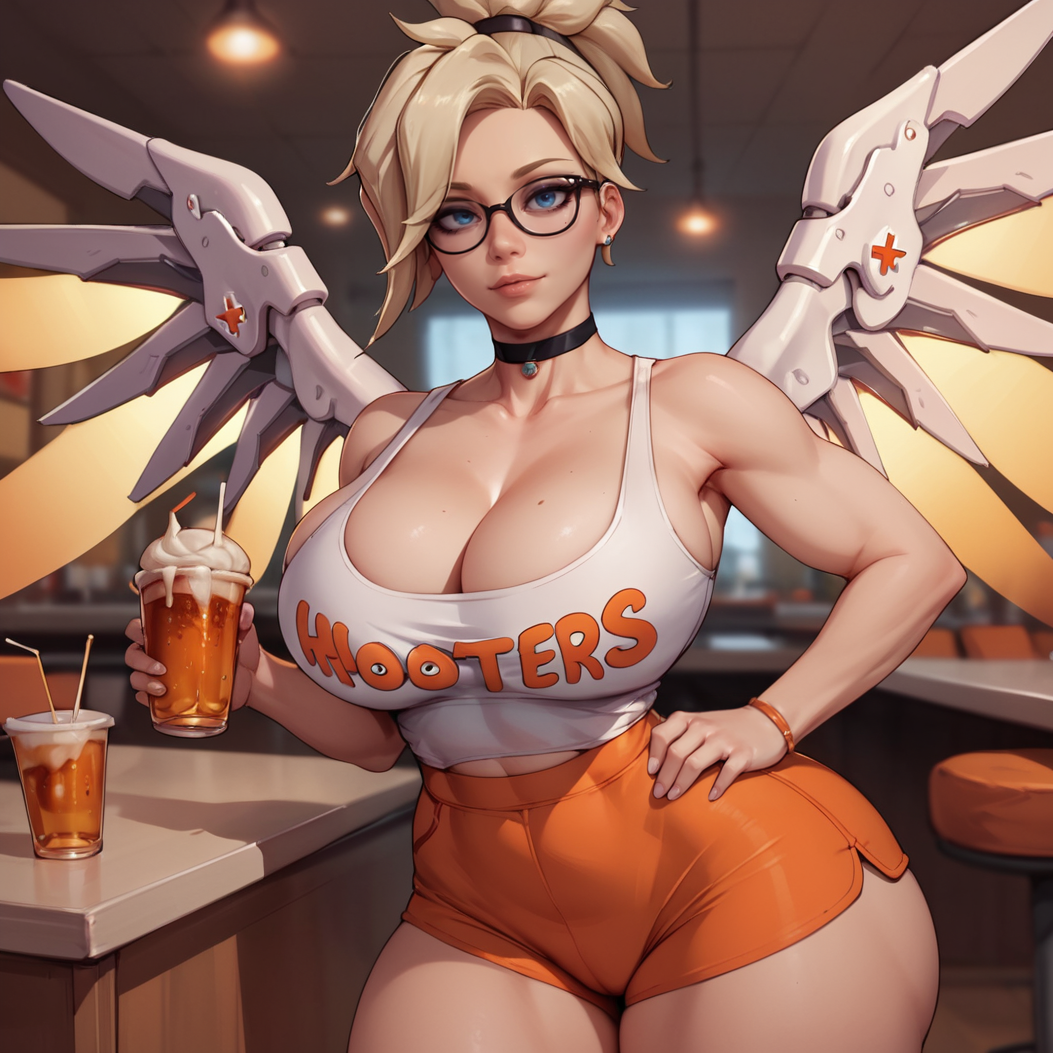 ai generated, ass, big ass, big breasts, breasts, choker, eogard orc, female, glasses, hooters, mercy, overwatch, thick thighs, wings