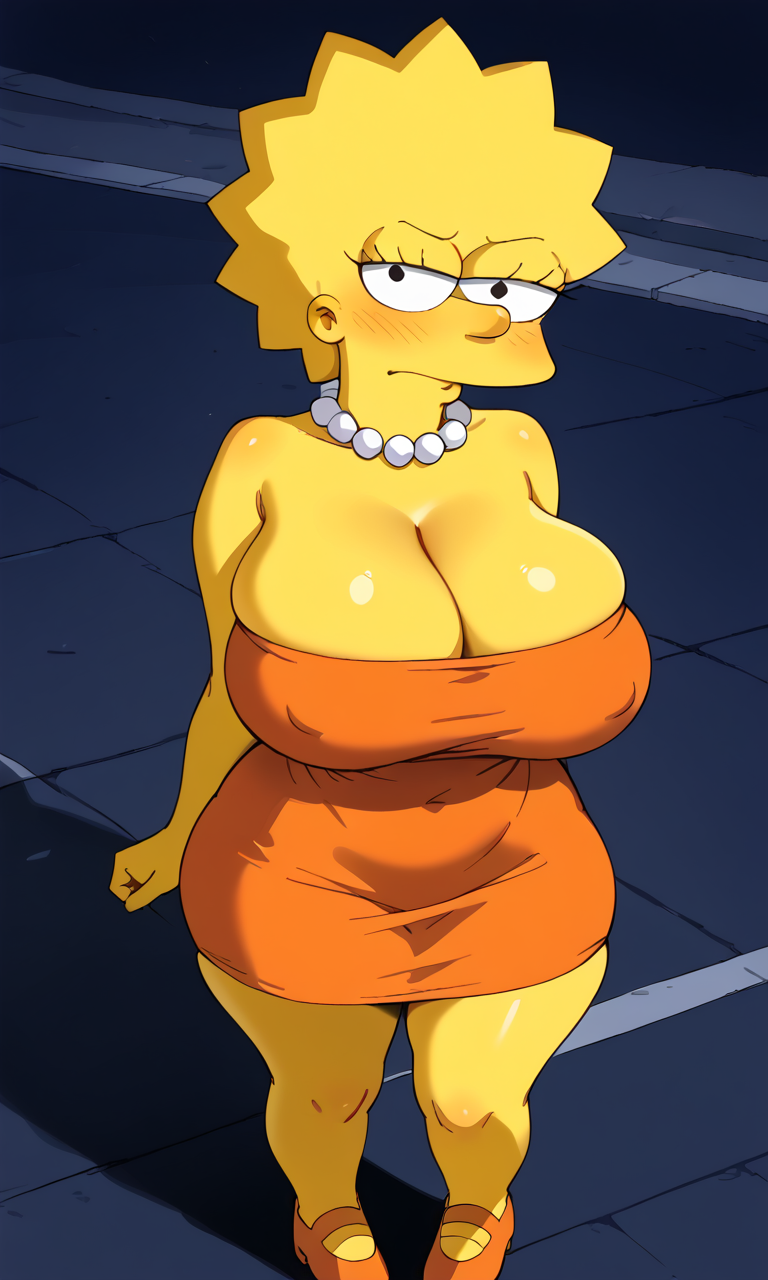 ai_generated angry blushing cleavage colored_skin covered_erect_nipples from_above front_view huge_breasts lisa_simpson looking_at_viewer orange_dress pearl_necklace shortstack skindentation standing street taut_clothes the_simpsons thick_thighs wide_hips yellow_skin zakvar