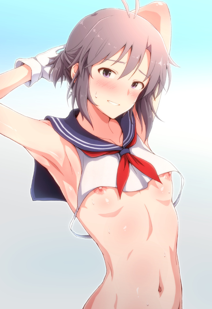 1girls armpits arms_up blush embarrassed idolmaster idolmaster_(classic) kikuchi_makoto makoto_kikuchi necktie short_hair small_breasts solo tengu_(tetuo_kun) the_idolm@ster tomboy