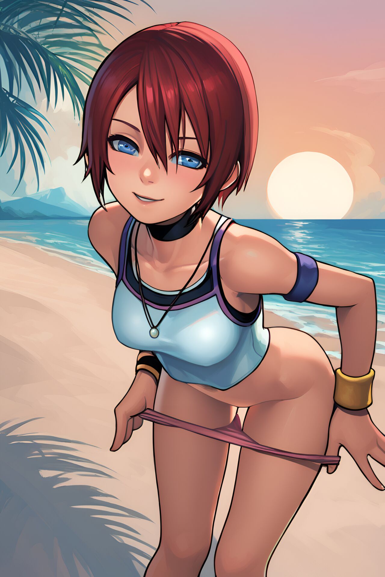 ai generated, beach, blue eyes, female, kairi, kingdom hearts, red hair, teenage female, teenager, undressing