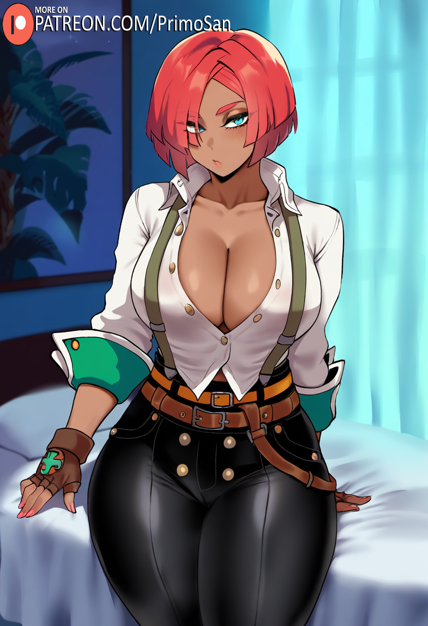 ai generated, blue eyes, brazilian, brazilian female, breasts, cleavage, dark skin, dark-skinned female, female, giovanna (guilty gear), gloves, guilty gear, large breasts, looking at viewer, pants, primosan, red hair, shirt, short hair, standing, thick thighs
