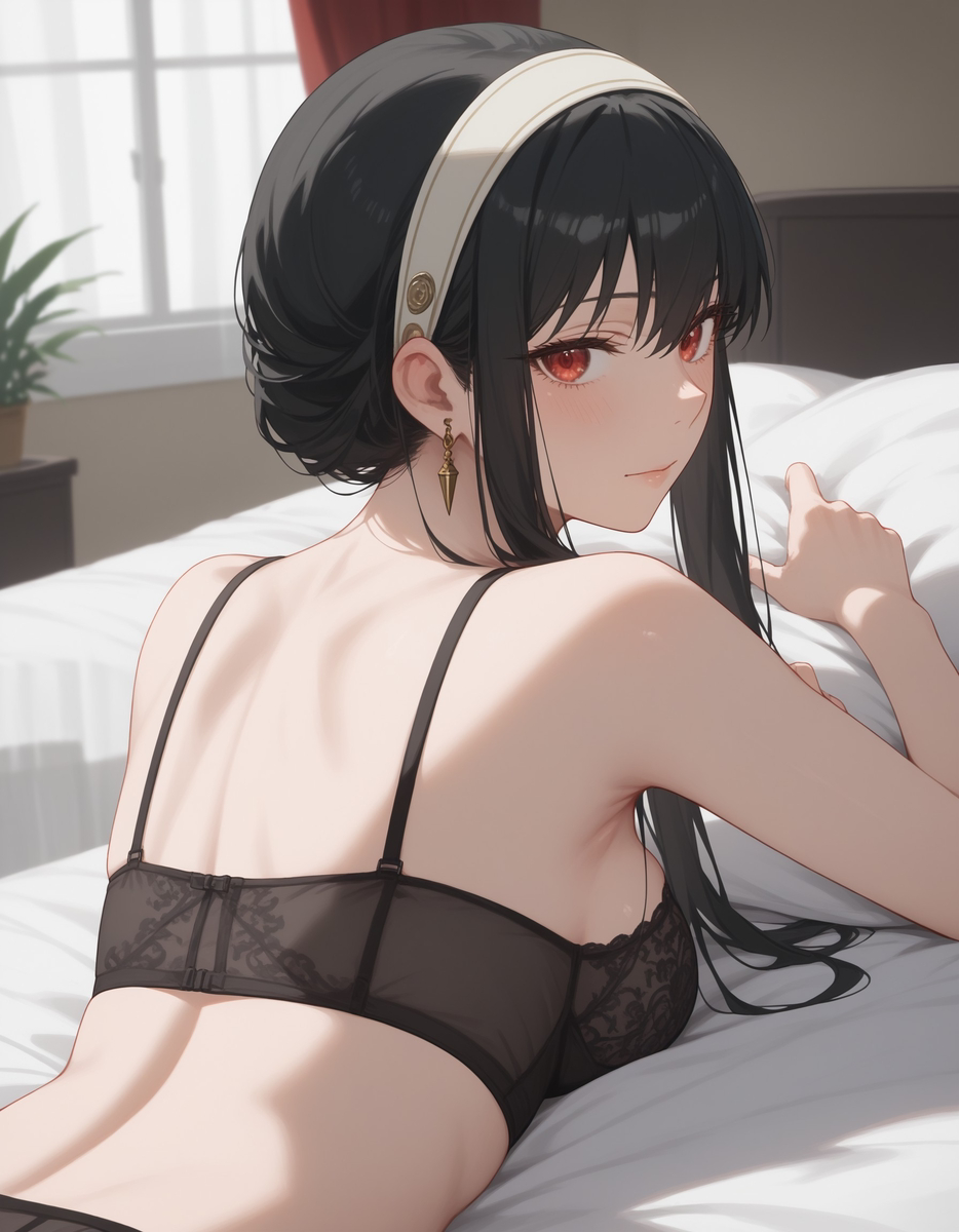 ai generated, bare back, bare shoulders, black hair, black lingerie, bra, female, lingerie, spy x family, yor briar, yor forger
