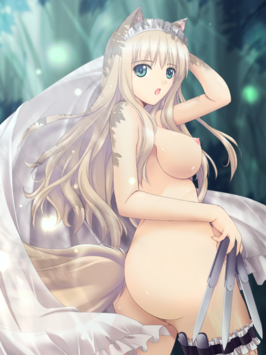 animal_ears ass blonde_hair breasts green_eyes knives large_breasts long_hair medium_breasts nipples rouna_murasame shining_(series) shining_hearts tail yoshimura_kentaro