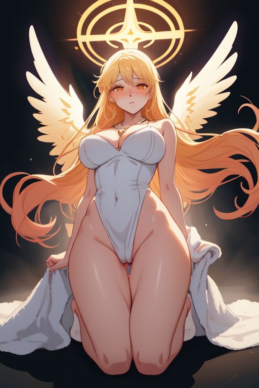 ai_generated angel_wings aureola big_ass big_breasts blonde_hair blush damaris_selene looking_at_viewer necklace on_knees orange_eyes thick_thighs towel white_swimsuit