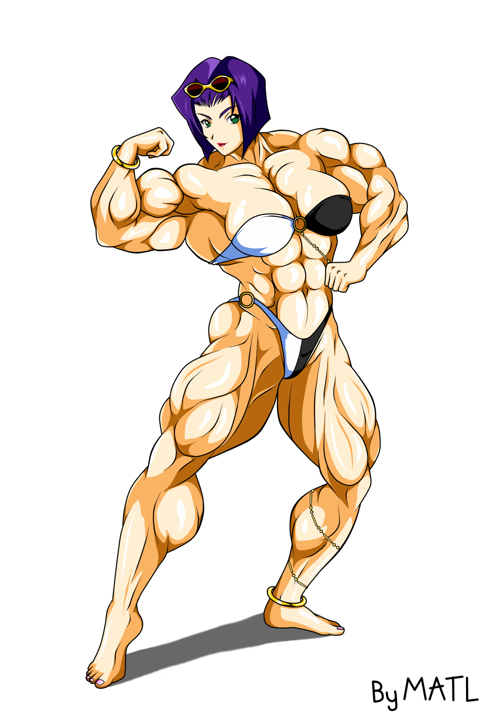 abs biceps bikini breasts cowboy_bebop faye_valentine female green_eyes hair matl muscles muscular muscular_arms muscular_female muscular_legs muscular_thighs pecs purple_hair sunglasses