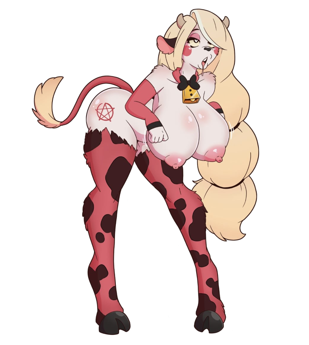 1girls ass big_breasts big_butt bimbo bimbofication blonde_hair bow bowtie breasts charlie_morningstar_(hazbin_hotel) cow_bell cow_ears cow_girl cow_print cowbell cowification drool drool_string drooling drooling_tongue dull_eyes female female_only hazbin_hotel headgear heart horns_and_hooves hypnosis mind_break mind_control open_mouth pentagram pentagram_tattoo pqfjpqfzh thick_thighs thighs tongue tongue_out transformation wrenzephyr2