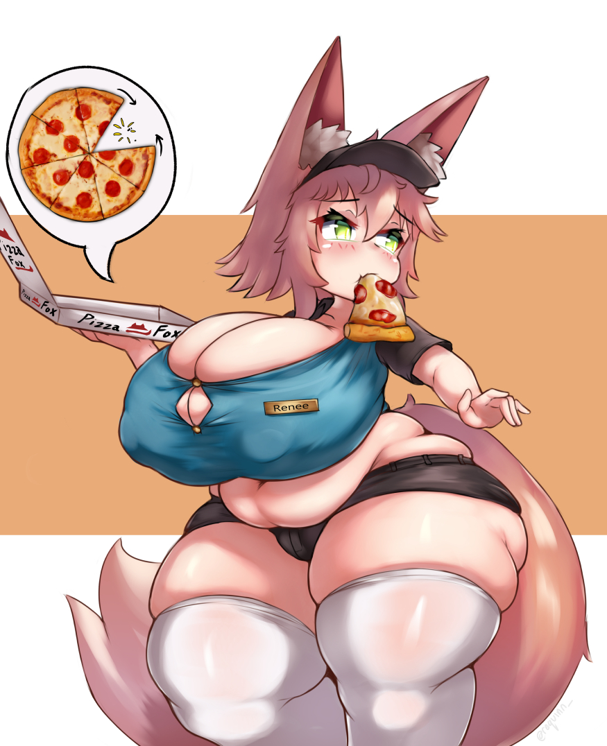 1girl belly_overhang big_breasts black_shorts breasts chubby chubby_belly chubby_female cleavage eating eating_food eating_pizza female female_only fox_ears fox_girl fox_tail green_eyes huge_breasts kemono large_breasts light_brown_hair name_tag navel nipples nipples_visible_through_clothing pale-skinned_female pale_skin pepperoni_pizza pizza pizza_box pizza_delivery pizza_delivery_girl pizza_girl pizza_in_mouth renee_(requinn) requinn shorts shortstack shoulder_length_hair stealing_food stockings thick_thighs uniform visor_cap white_stockings