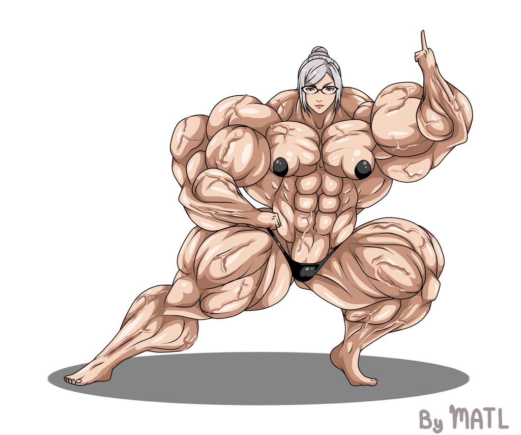 abs artist_name barefoot biceps bikini_bottom bodybuilder breasts covered_nipples extreme_muscles female flexing flexing_muscles glasses hair_bun hyper_muscles matl muscles muscular muscular_arms muscular_female muscular_legs muscular_thighs nipple_covers pecs posing prison_school shiraki_meiko watermark