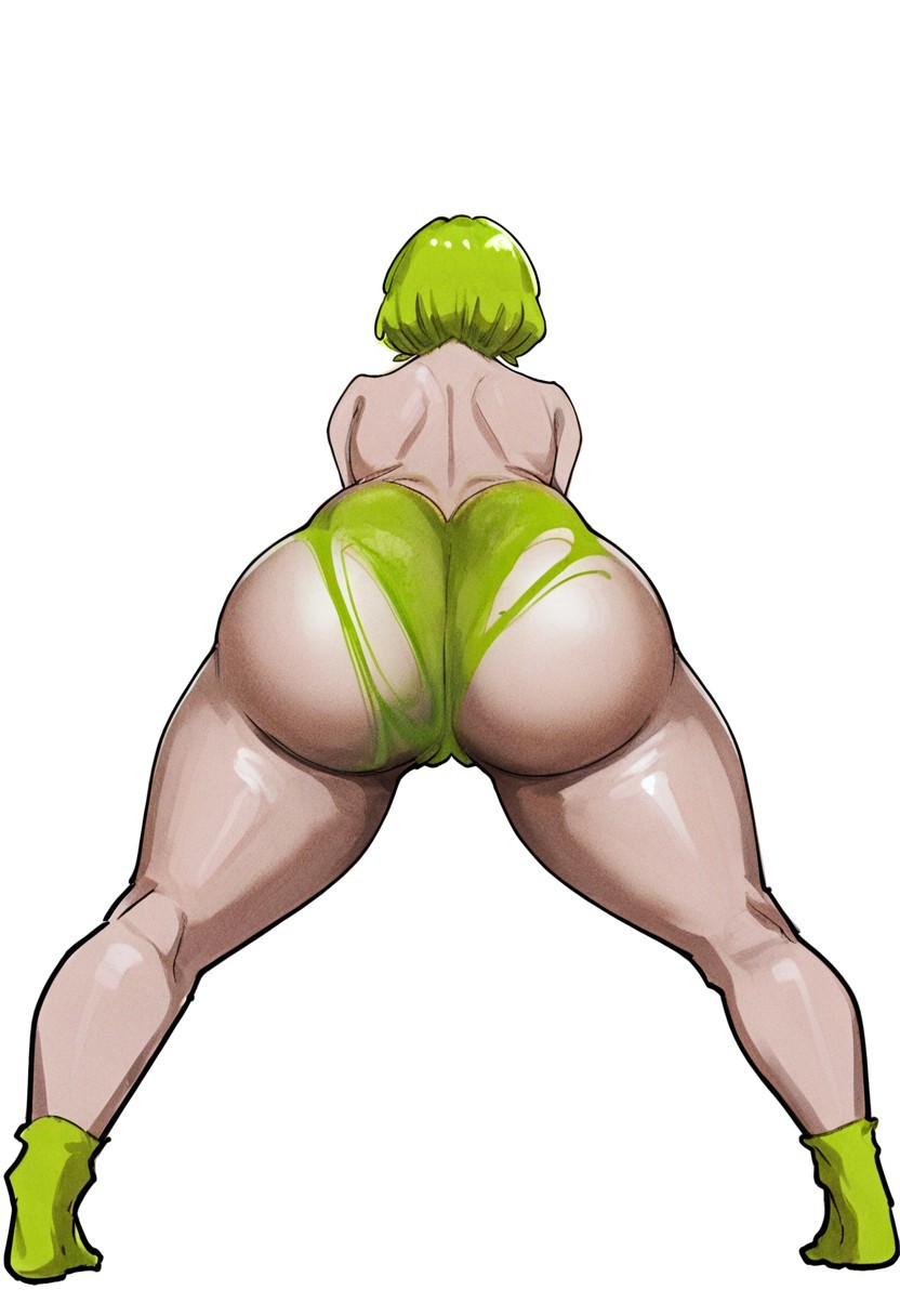 1girl ai_generated anonymous_character curvy_hips fat_ass female_only green_underwear legs_apart lime_green posing presenting_hindquarters ripped_clothing tagme