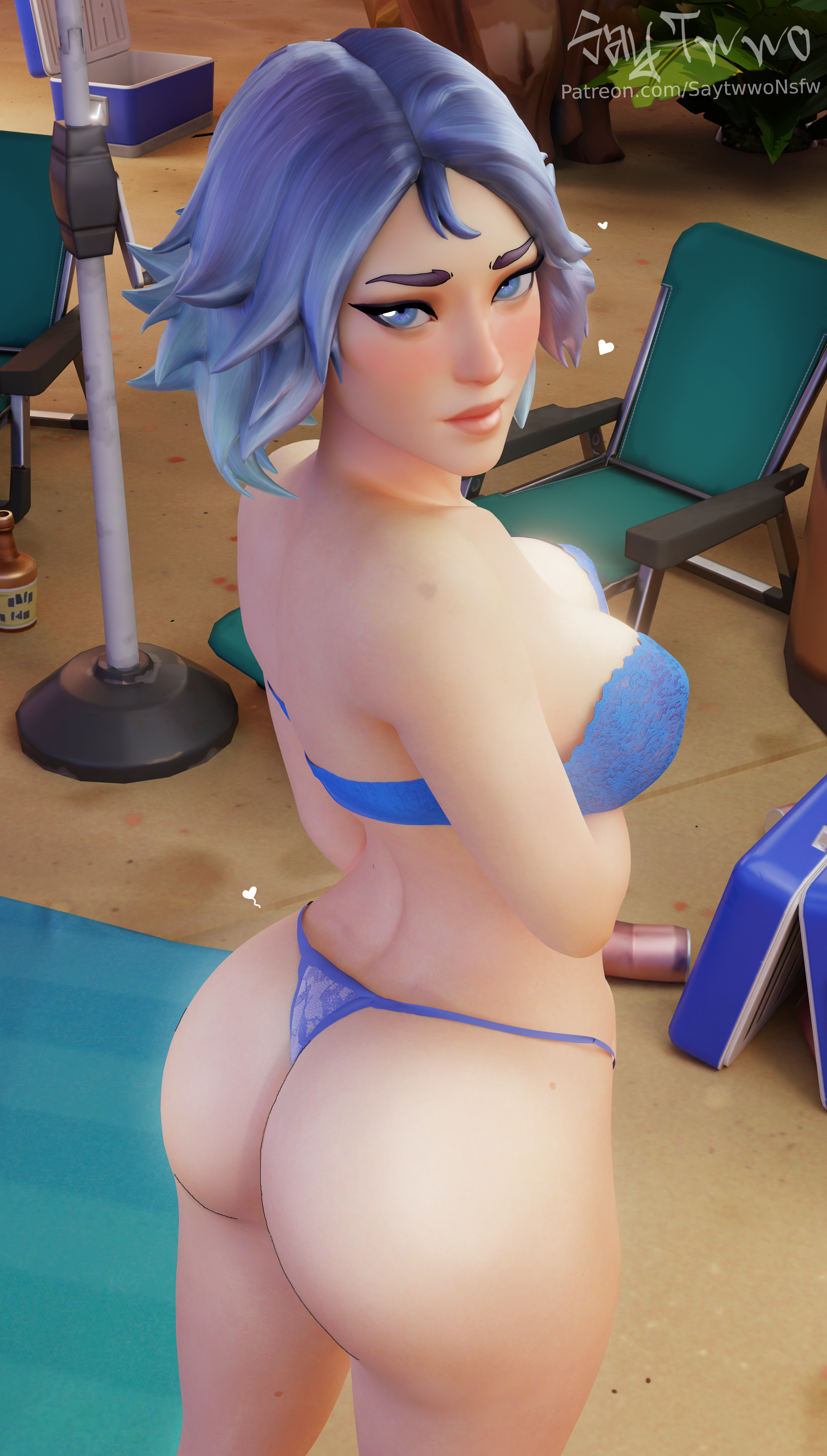 1girls, 3d, 3d (artwork), ass, ass grab, back view, beach, big ass, big breasts, blender, blue eyes, blue hair, breasts, curvy, curvy body, curvy female, curvy figure, epic games, female, female focus, female only, fortnite, horny, horny face, horny female, light skin, lightrider (fortnite), looking at viewer, pose, saytwwo, semi nude, shy, underwear