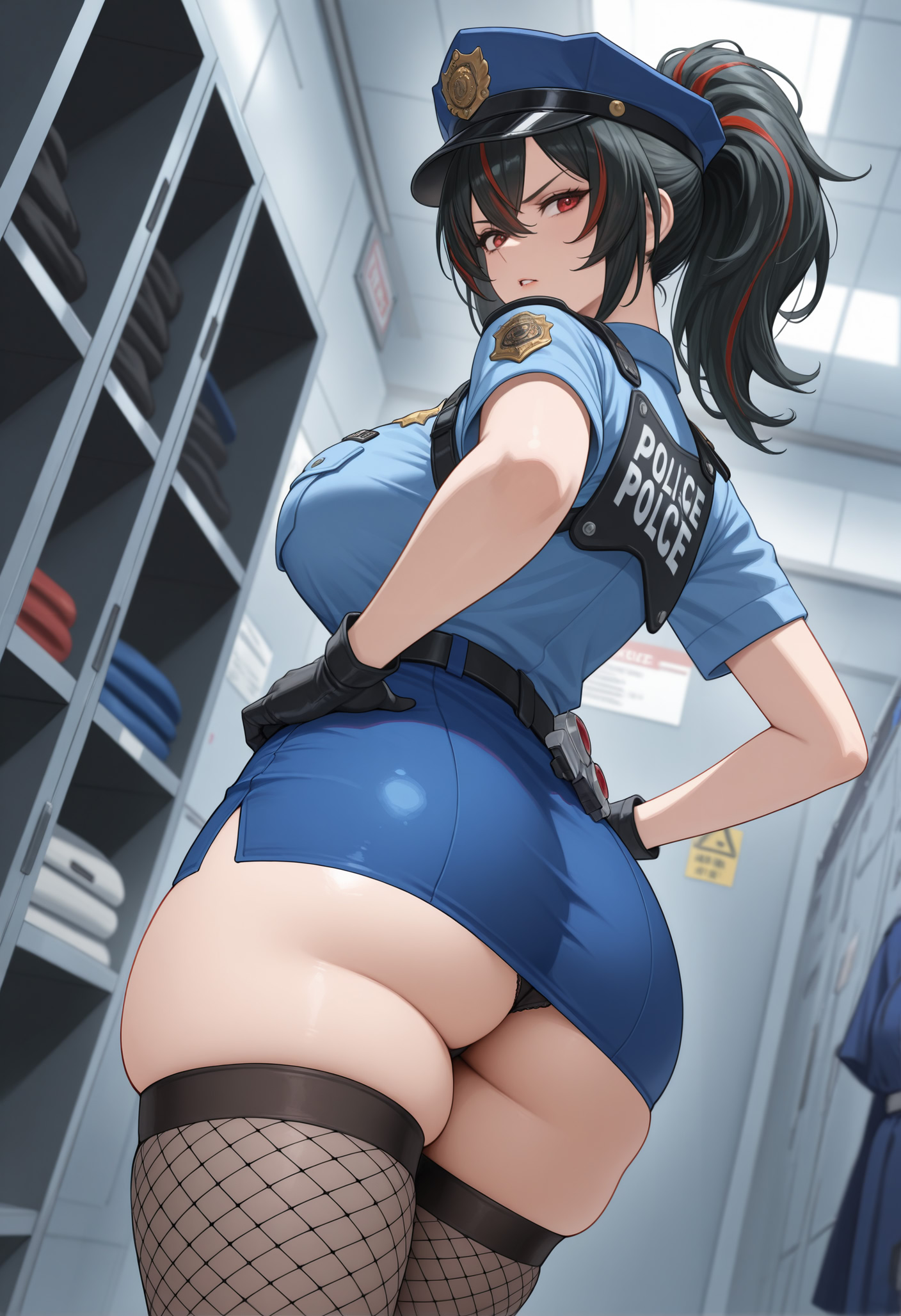 ai generated, ass, black gloves, black hair, breasts, female, fishnet thighhighs, gloves, hat, large breasts, looking at viewer, looking back, multicolored hair, panties, police uniform, policewoman, ponytail, red eyes, red hair, short sleeves, skirt, streaked hair, thighhighs, thighs, underwear, zenless zone zero, zhu yuan