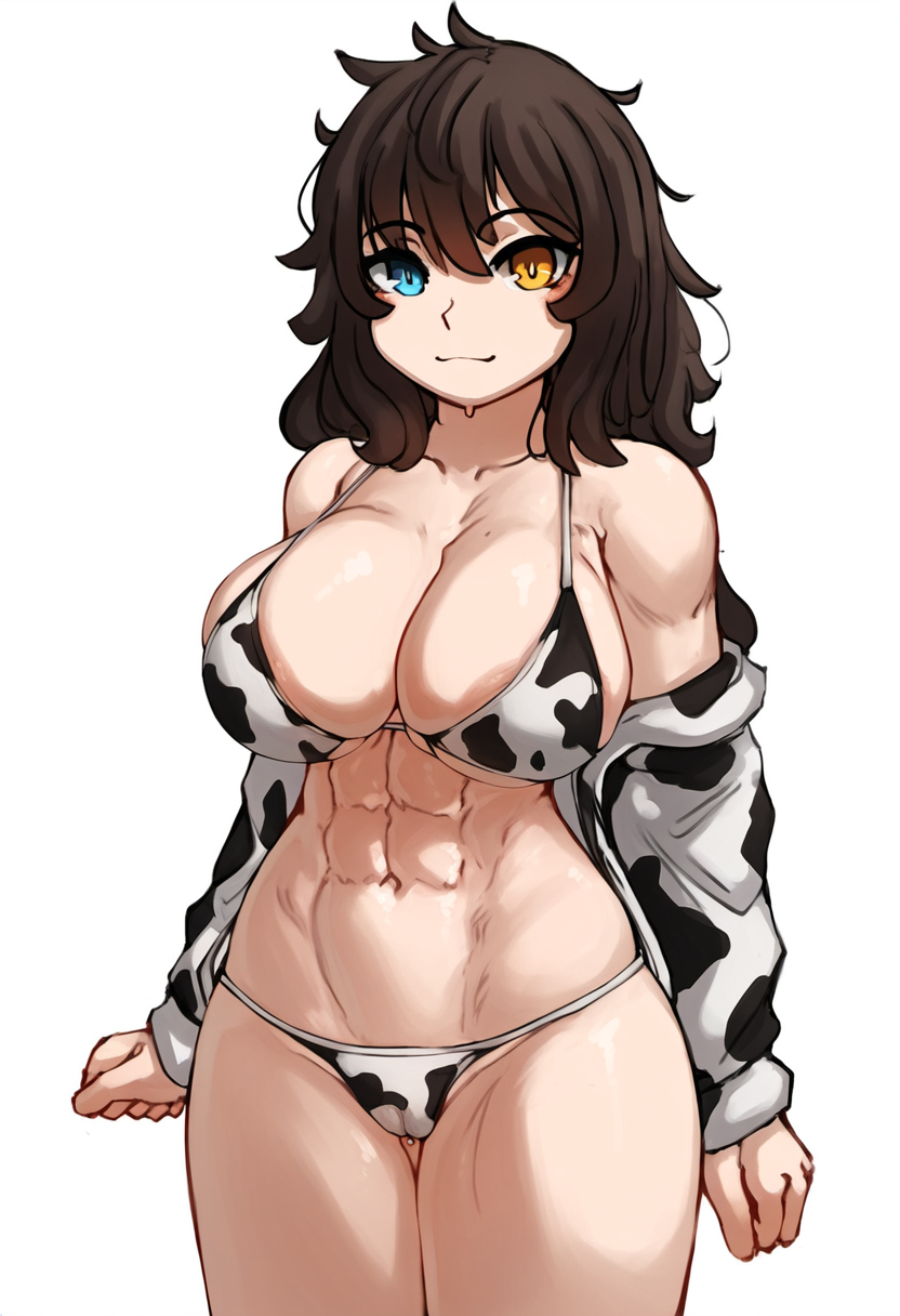 1girls abs ai_generated bra brown_hair cow_print cowprint_bikini heterochromia hismajestyii large_breasts muscular muscular_female novelai pale-skinned_female pale_skin panties seiko_tanaka_(hismajestyii) wide_hips