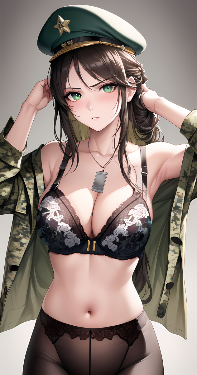 ai_generated armpits big_breasts black_hair bra female female_only girl hat long_hair midriff military_uniform original_character renajin stomach voluptuous voluptuous_female