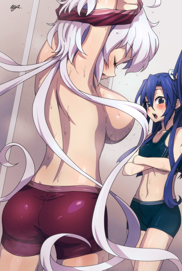 2girls arms_under_breasts ass black_bra black_shorts blue_hair blush bra breast_envy breasts closed_eyes commission eyebrows_hidden_by_hair feet_out_of_frame from_behind groin hair_between_eyes hair_censor hair_over_breasts kazanari_tsubasa large_breasts locker locker_room long_hair looking_at_another medium_breasts multiple_girls open_mouth red_bra red_shorts senki_zesshou_symphogear shorts side_ponytail sideboob signature skeb_commission skin_tight sports_bra stomach sweat teeth topless uganda_(ugandam_00) underwear undressing upper_teeth_only very_long_hair white_hair yukine_chris