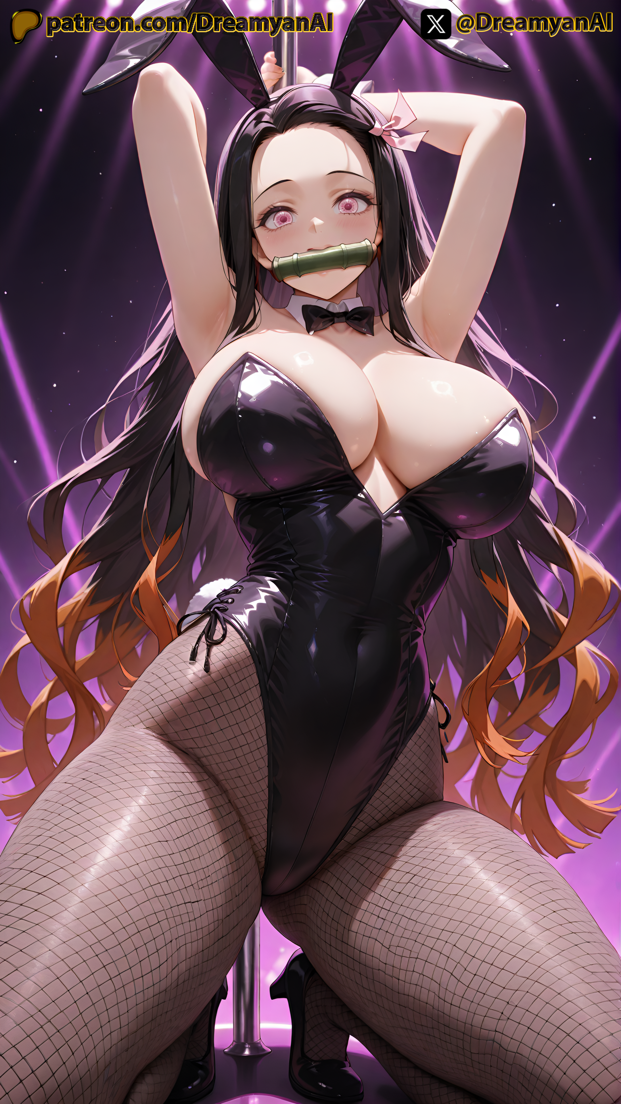 1girls, 2025, 4k, ai, ai assisted, ai generated, anime, anime style, armpits, arms up, artist name, ass, bare shoulders, big breasts, black hair, breasts, bunny costume, bunny ears, bunny girl, bunnysuit, demon slayer, dreamyan ai, exotic dancer, female, fishnets, gag, gagged, hi res, high quality, high resolution, highres, huge breasts, kamado nezuko, kimetsu no yaiba, long hair, nezuko kamado, nightclub, pantyhose, patreon, pink eyes, pole, pole dancer, pole dancing, pose, seductive, seductive eyes, seductive look, seductive pose, strip club, stripper, stripper pole, stripping, striptease, thick ass, thick thighs, thighs, uncensored