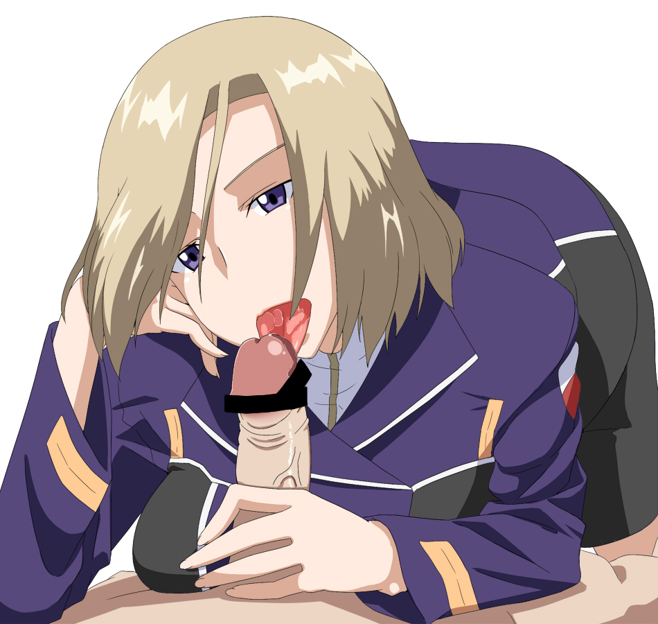 1boy blonde_hair blowjob blue_eyes breast_press censored fellatio female ginga_kikoutai_majestic_prince majestic_prince military military_uniform oral penis purple_eyes ribonzu saliva short_hair suzukaze_rin tongue uniform unseen_male_face white_background