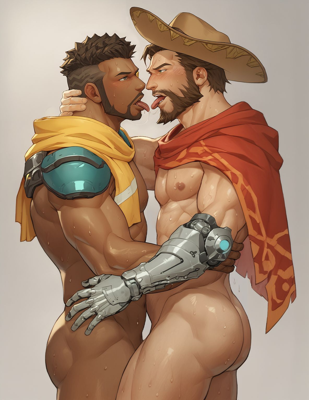 abs activision ai_generated ass baptiste bara biceps blizzard_entertainment boyfriendai brown_hair cole_cassidy cowboy_hat dark-skinned_male dark_skin gay male male/male male_nipples male_only muscular_male nipples nude overwatch overwatch_2 pecs sweat sweating yaoi