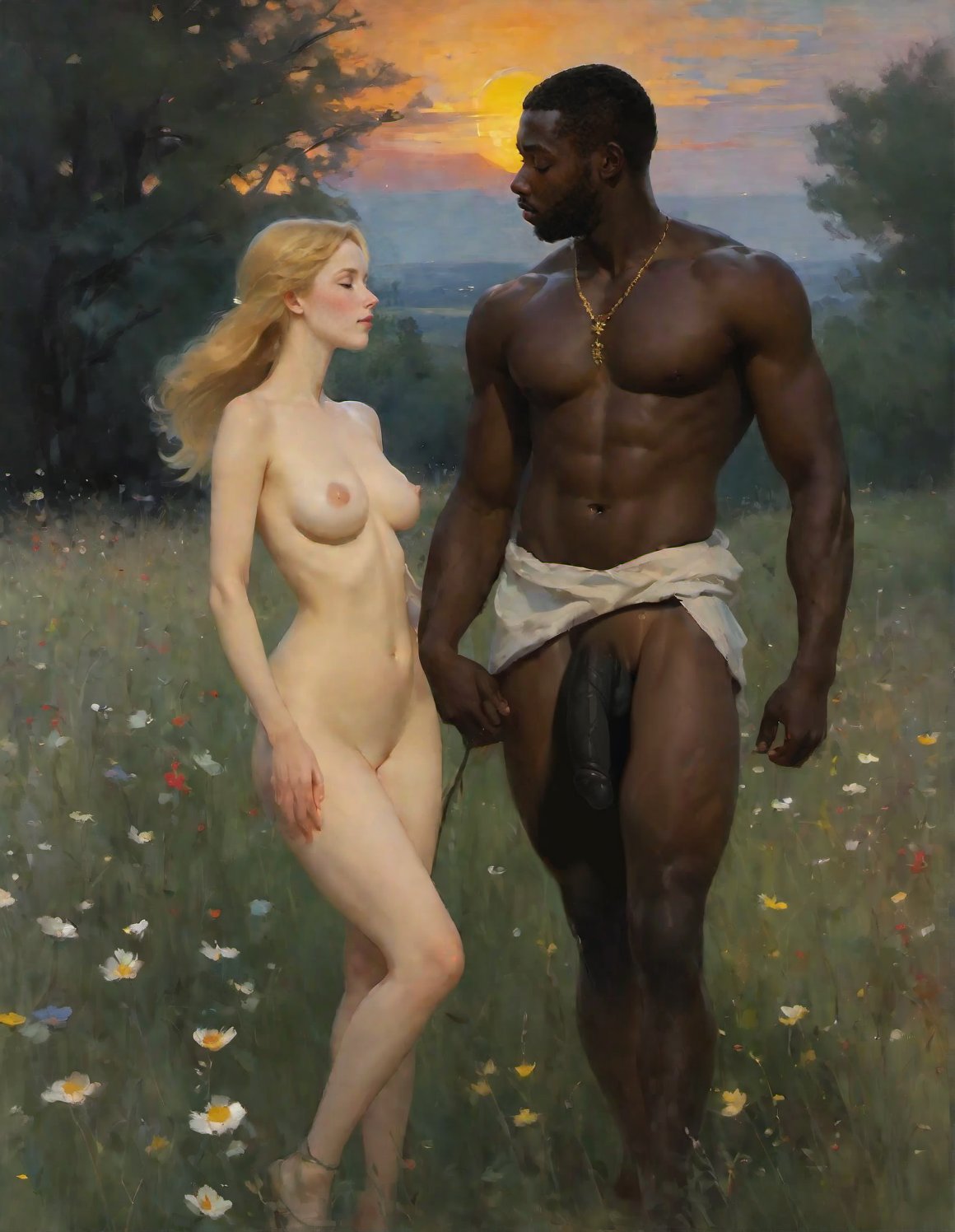 1boy, 1girls, 2d, ai generated, big penis, blonde hair, dark skin, dark-skinned male, female, interracial, male, muscular, muscular male, nude, penis, tagme, taprincesserose