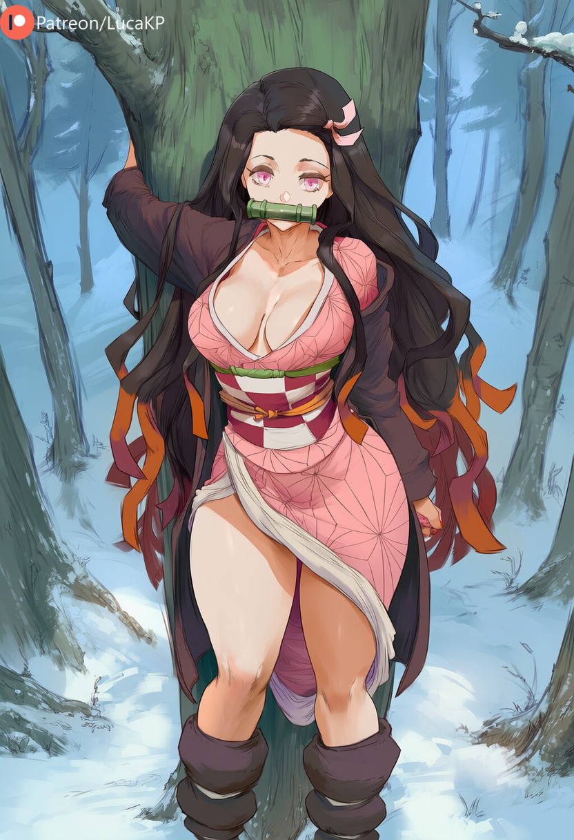 1girls, ai generated, bamboo, bamboo gag, black hair, blue eyes, breasts, clothed, demon slayer, female, forest, gag, gagged, highlights (coloring), kamado nezuko, large breasts, looking at viewer, lucakp, open eyes, orange highlights, patreon, patreon link, patreon logo, patreon url, patreon username, snow, solo, solo female, solo focus, standing, tagme, thick thighs, thighs, tree, winter